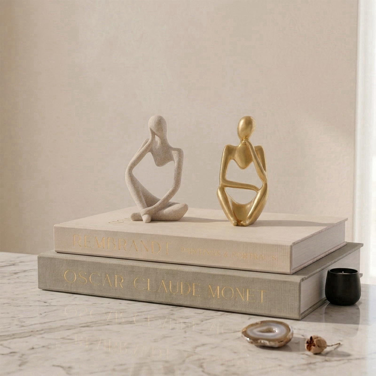 NexGrit Decorative Book Boxes with Hidden Storage & Thinker Sculptures – close-up detail in Sage green, beige, sandstone