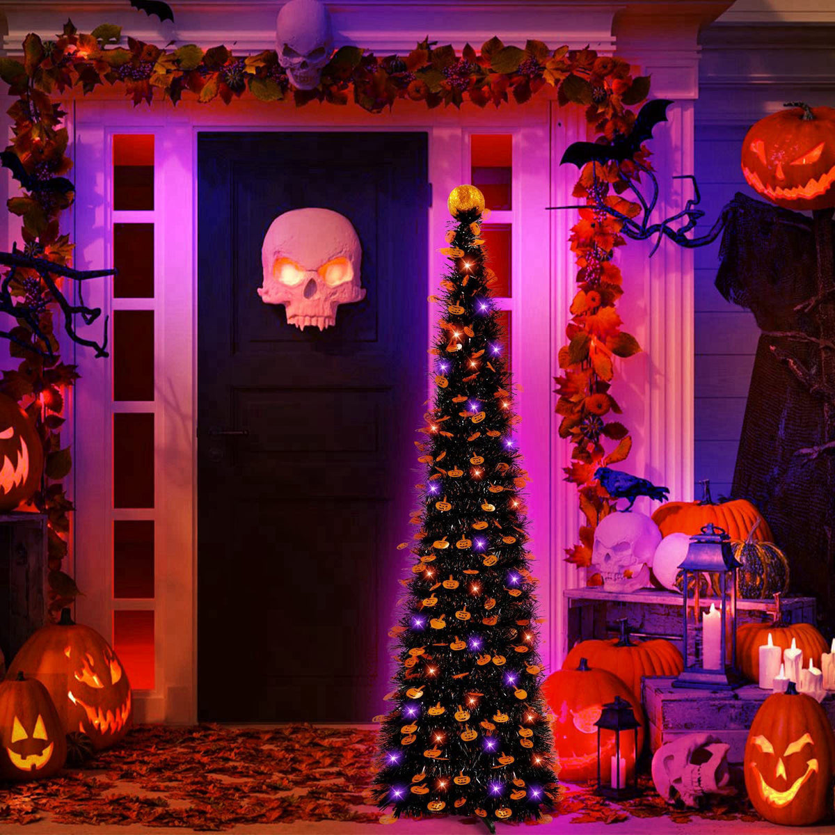 TURNMEON 5Ft Black Tinsel Halloween Tree with Lights Halloween Decorations – packaging and label