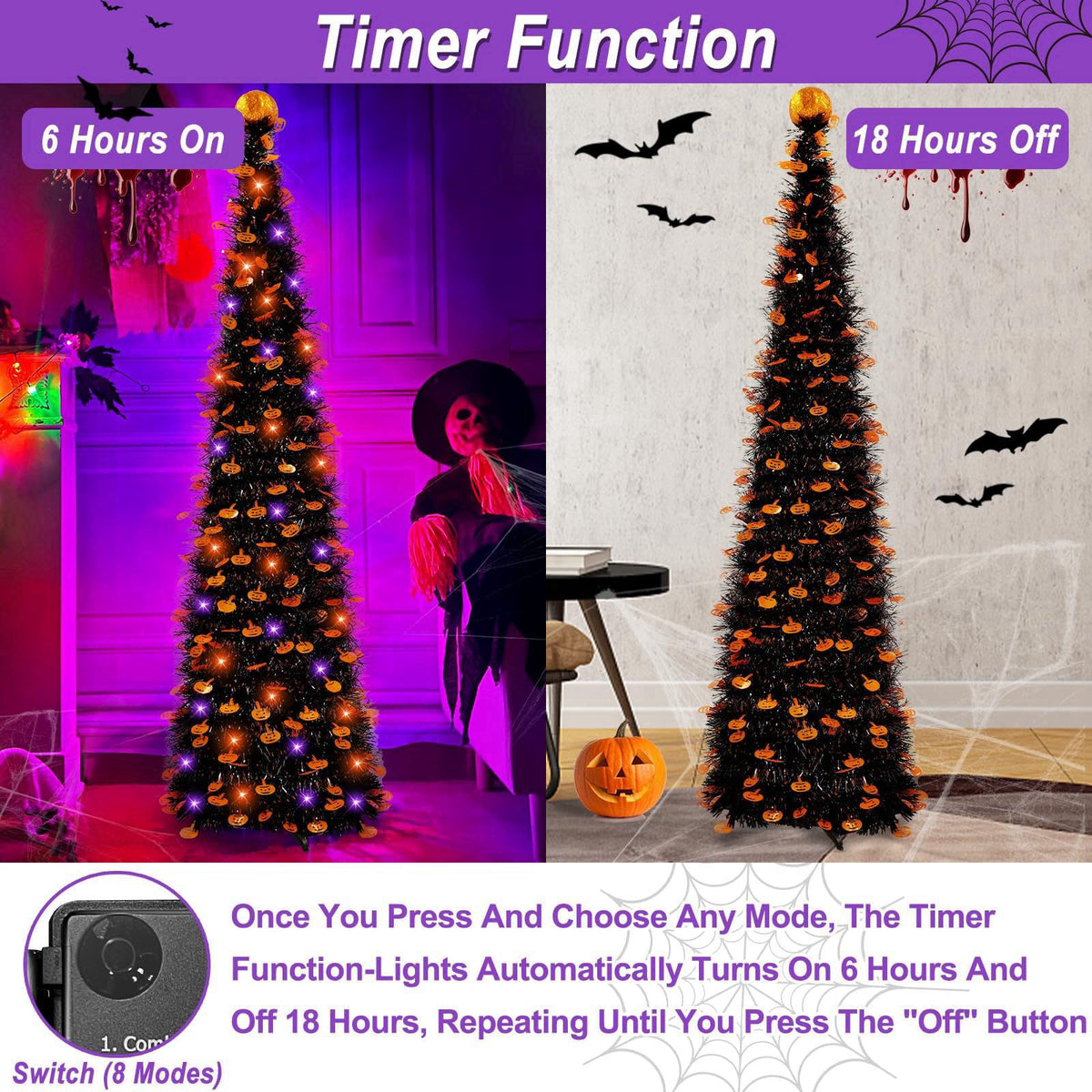 TURNMEON 5Ft Black Tinsel Halloween Tree with Lights Halloween Decorations – back view and specifications