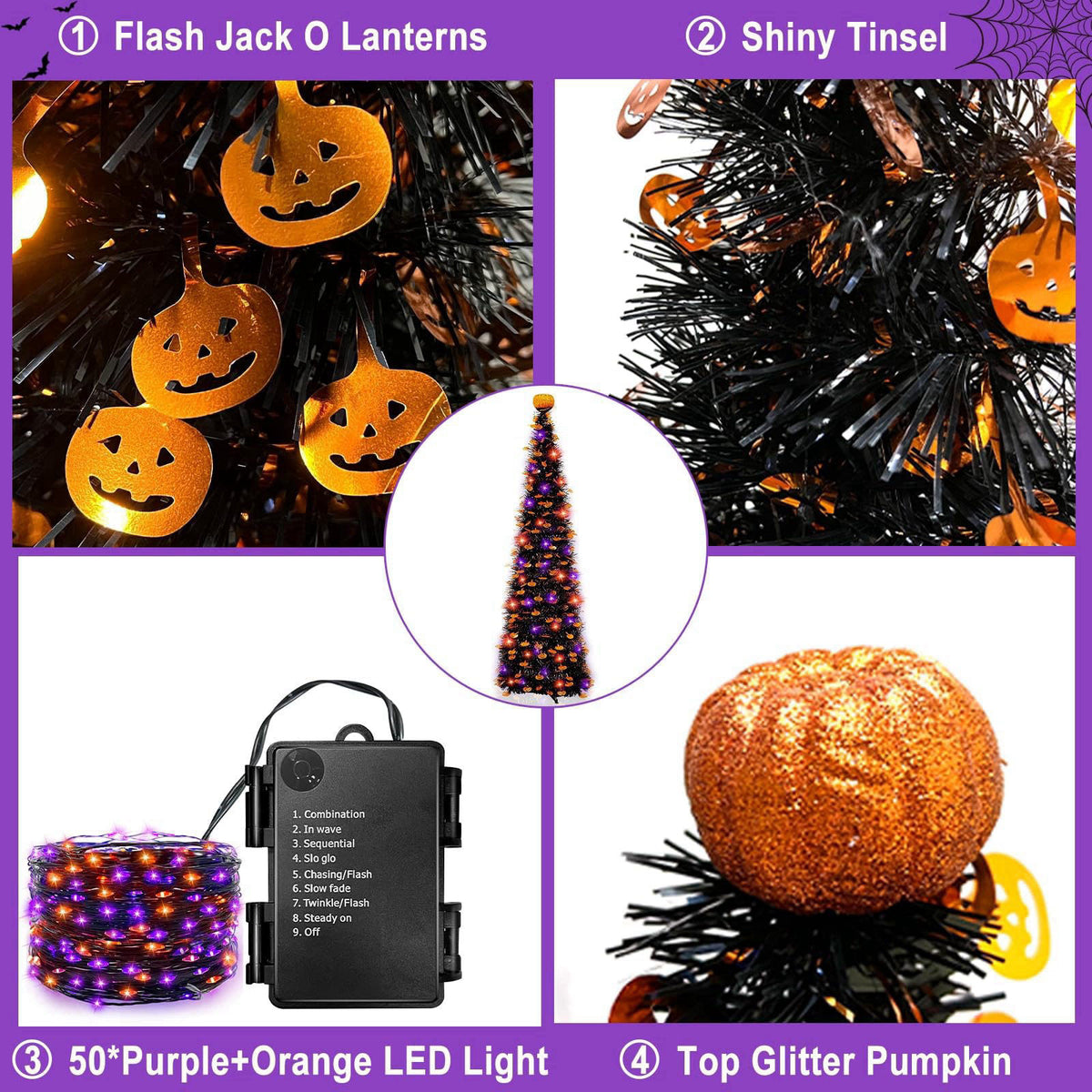 TURNMEON 5Ft Black Tinsel Halloween Tree with Lights Halloween Decorations – alternate angle