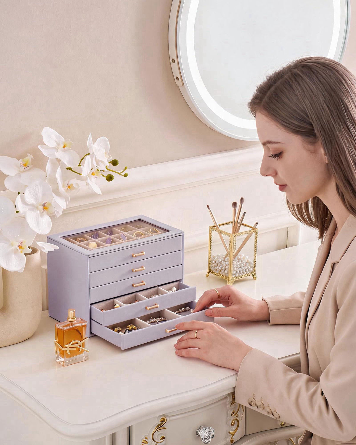 Lolalet Earring Organizer, Jewelry Box with Clear Lid -Purple, 5 Layer – close-up detail in ✔ ✔ ✔ &
