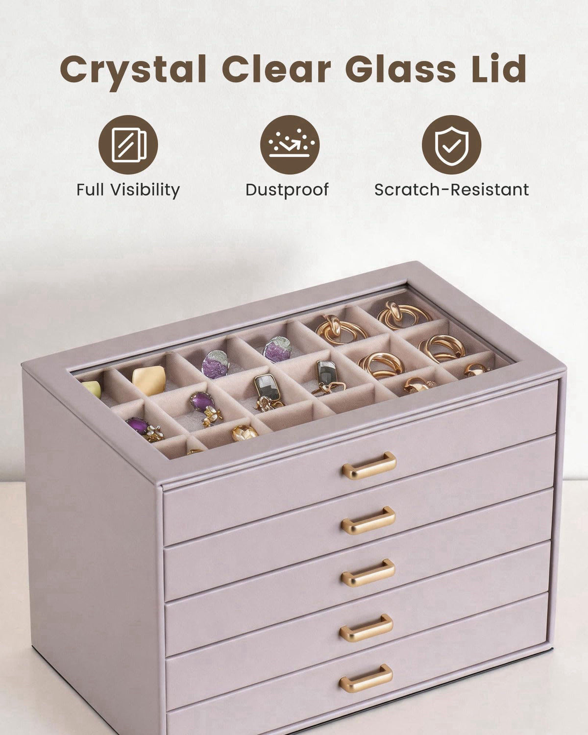 Lolalet Earring Organizer, Jewelry Box with Clear Lid -Purple, 5 Layer – back view and specifications