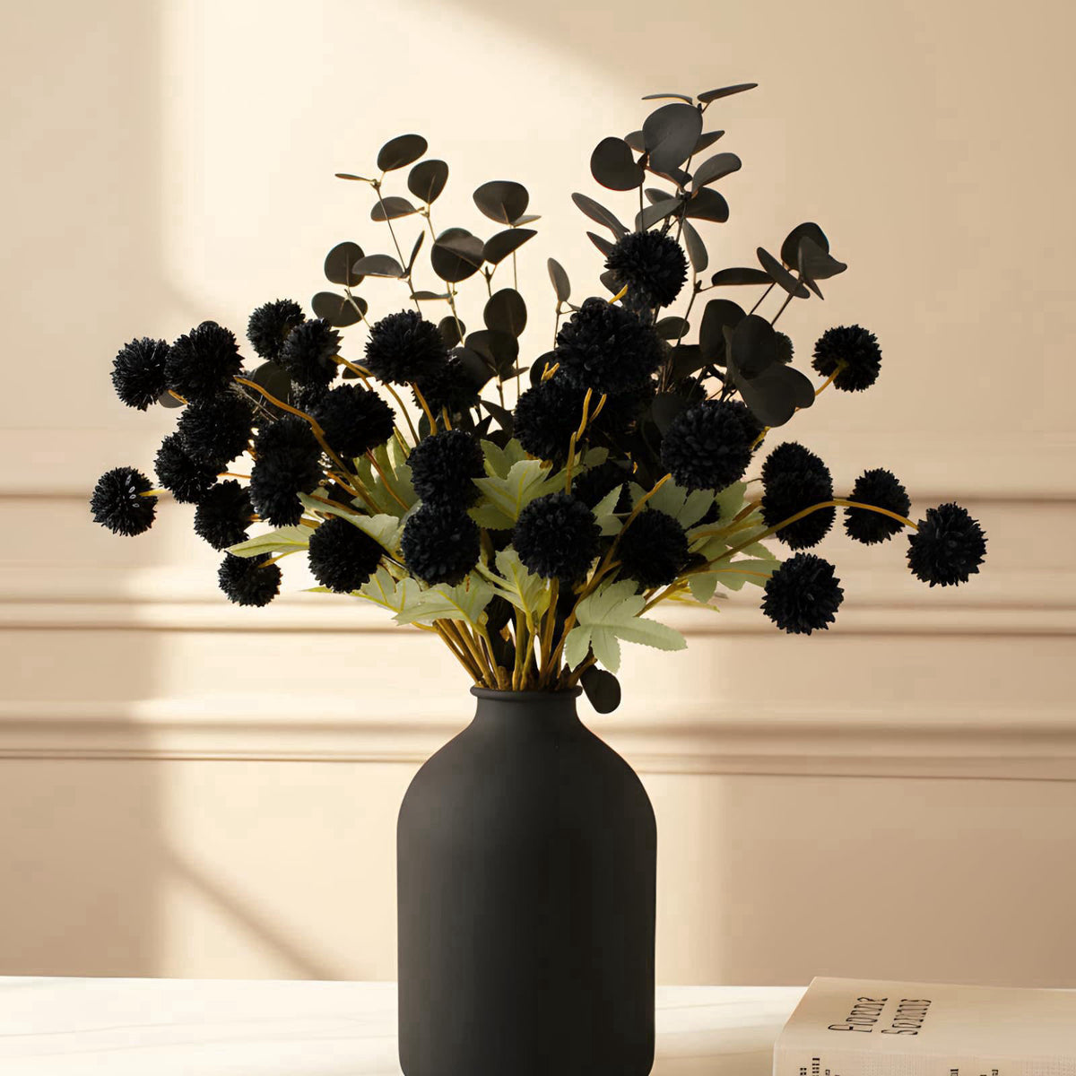 RyddeligHome 12 Black Artificial Flowers & Eucalyptus Long Stems, Halloween Decor
