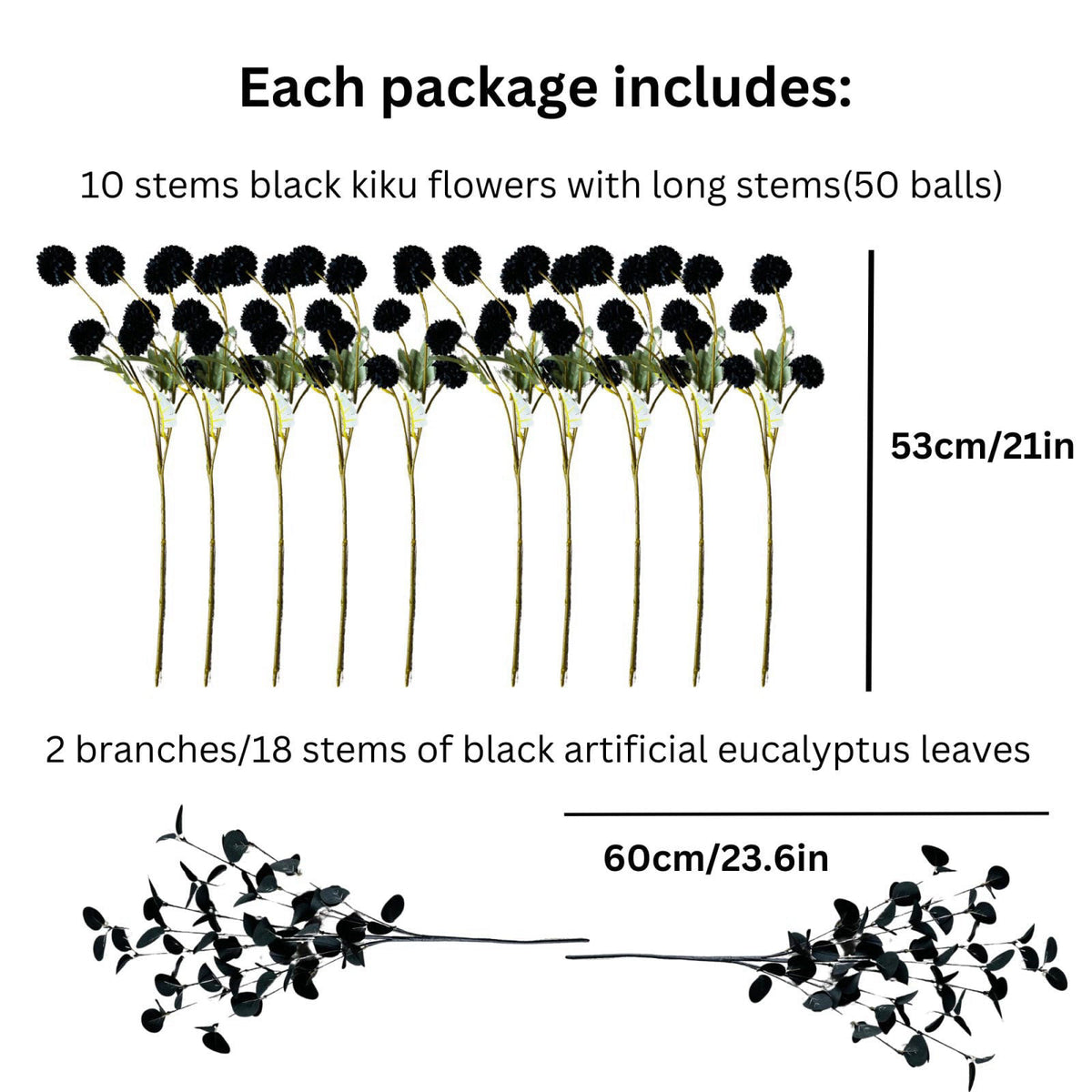 RyddeligHome 12 Black Artificial Flowers & Eucalyptus Long Stems, Halloween Decor – close-up detail