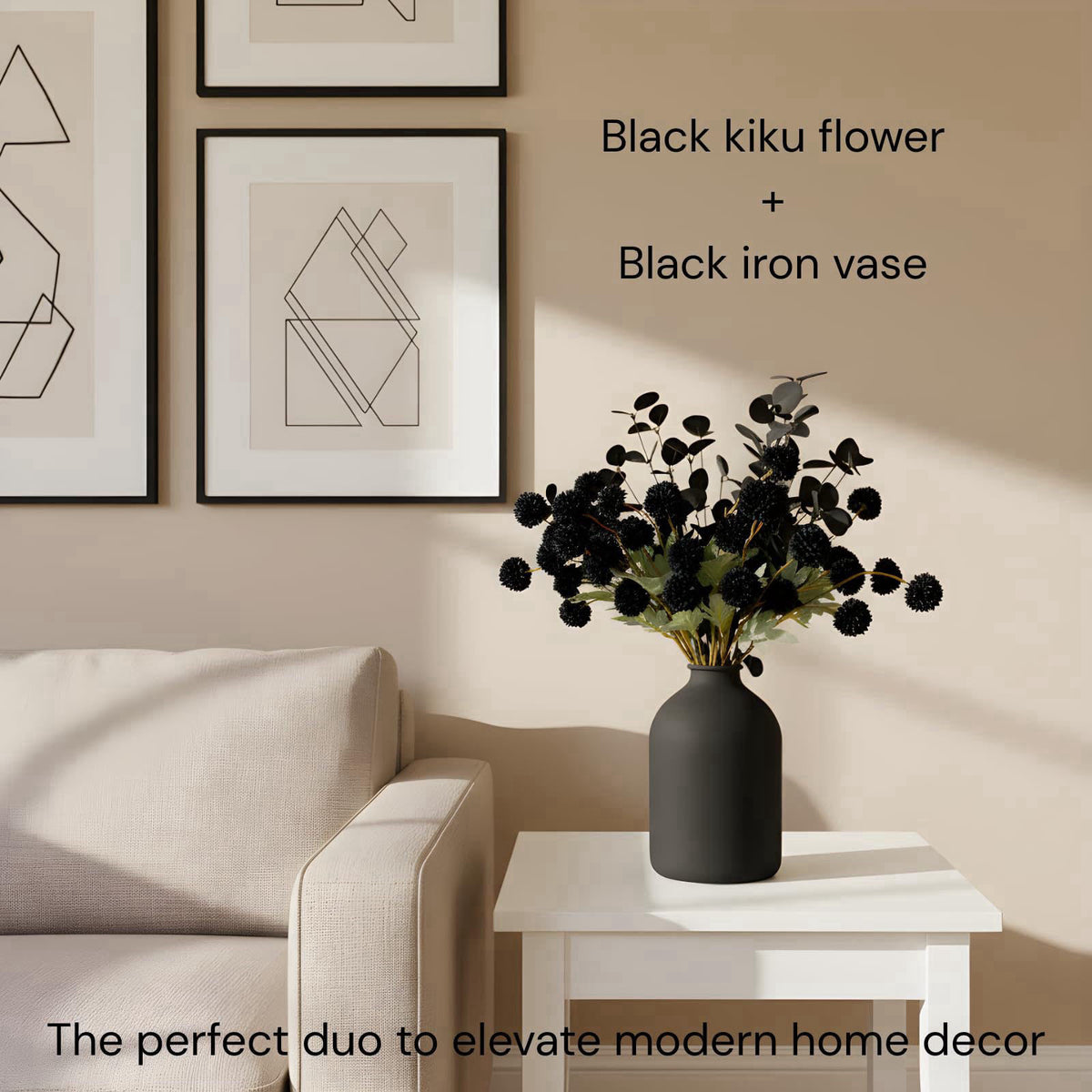 RyddeligHome 12 Black Artificial Flowers & Eucalyptus Long Stems, Halloween Decor – packaging and label