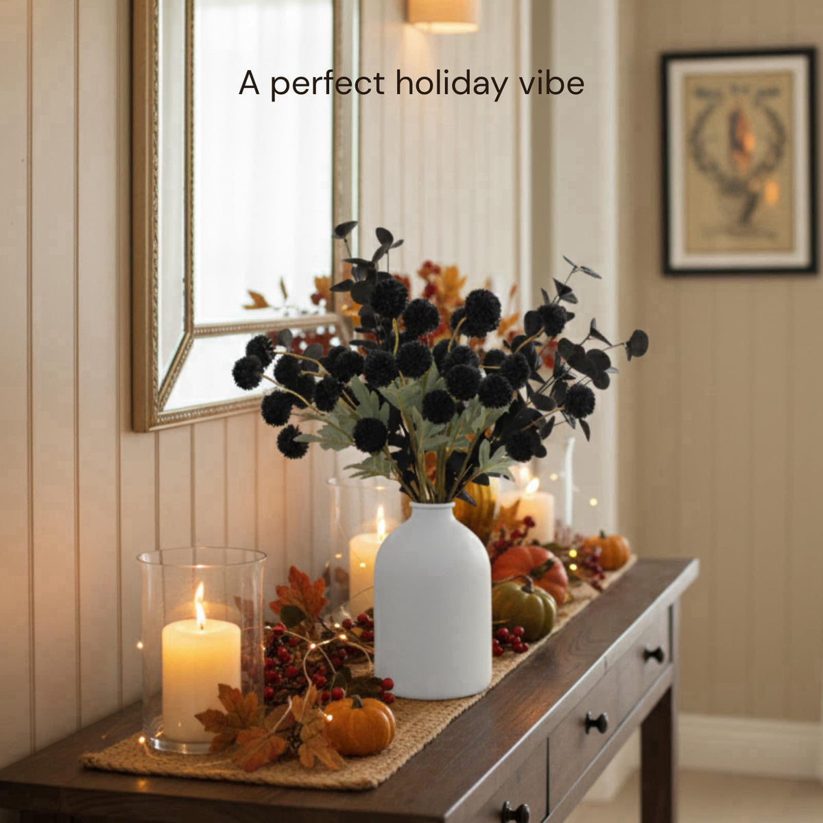 RyddeligHome 12 Black Artificial Flowers & Eucalyptus Long Stems, Halloween Decor – full view