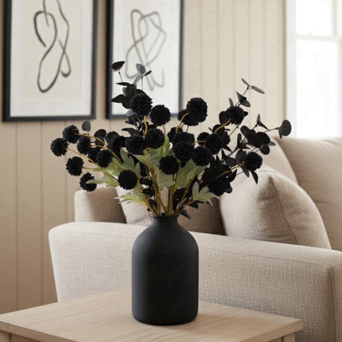 RyddeligHome 12 Black Artificial Flowers & Eucalyptus Long Stems, Halloween Decor – back view and specifications