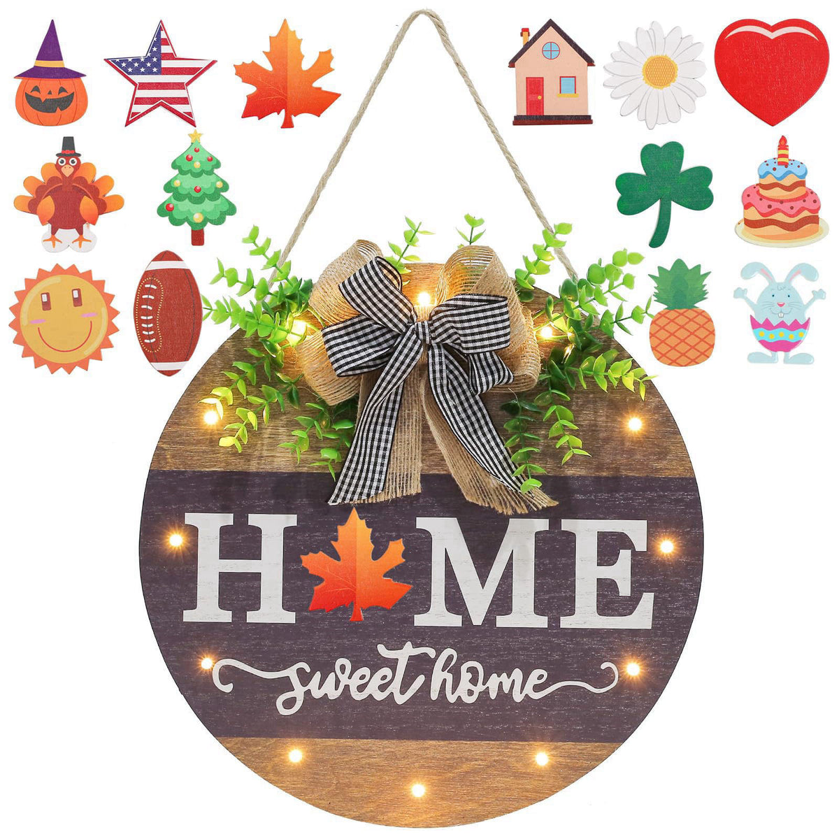 HOMCDALY Interchangeable Welcome Sign for Front Door with 14 Changeable Icons, Farmhouse Front Porch Decor Rustic Wooden