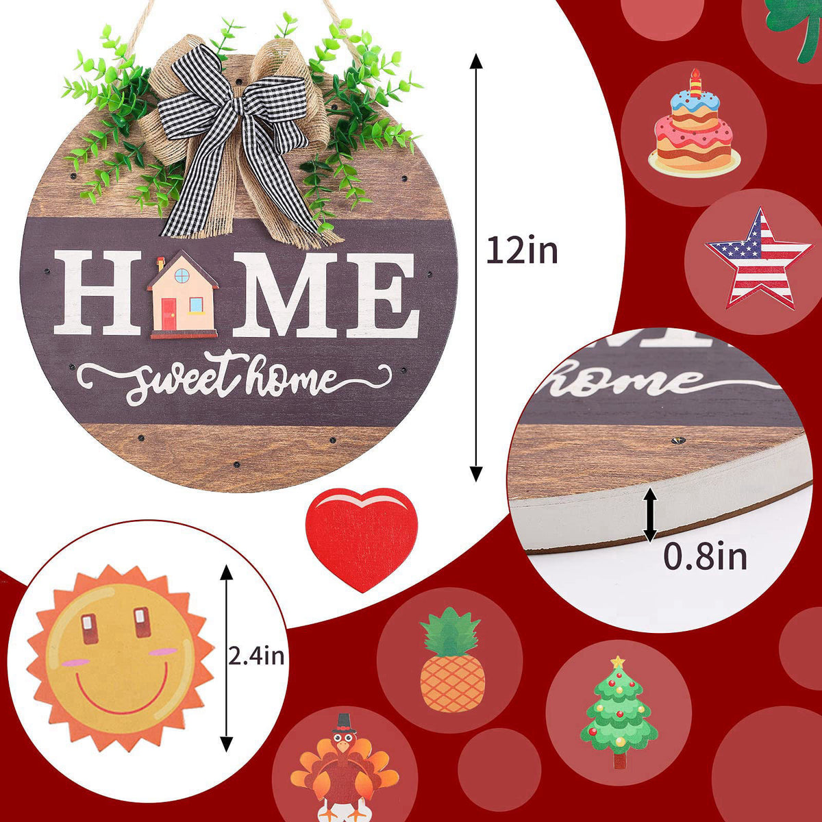 HOMCDALY Interchangeable Welcome Sign for Front Door with 14 Changeable Icons, Farmhouse Front Porch Decor Rustic Wooden