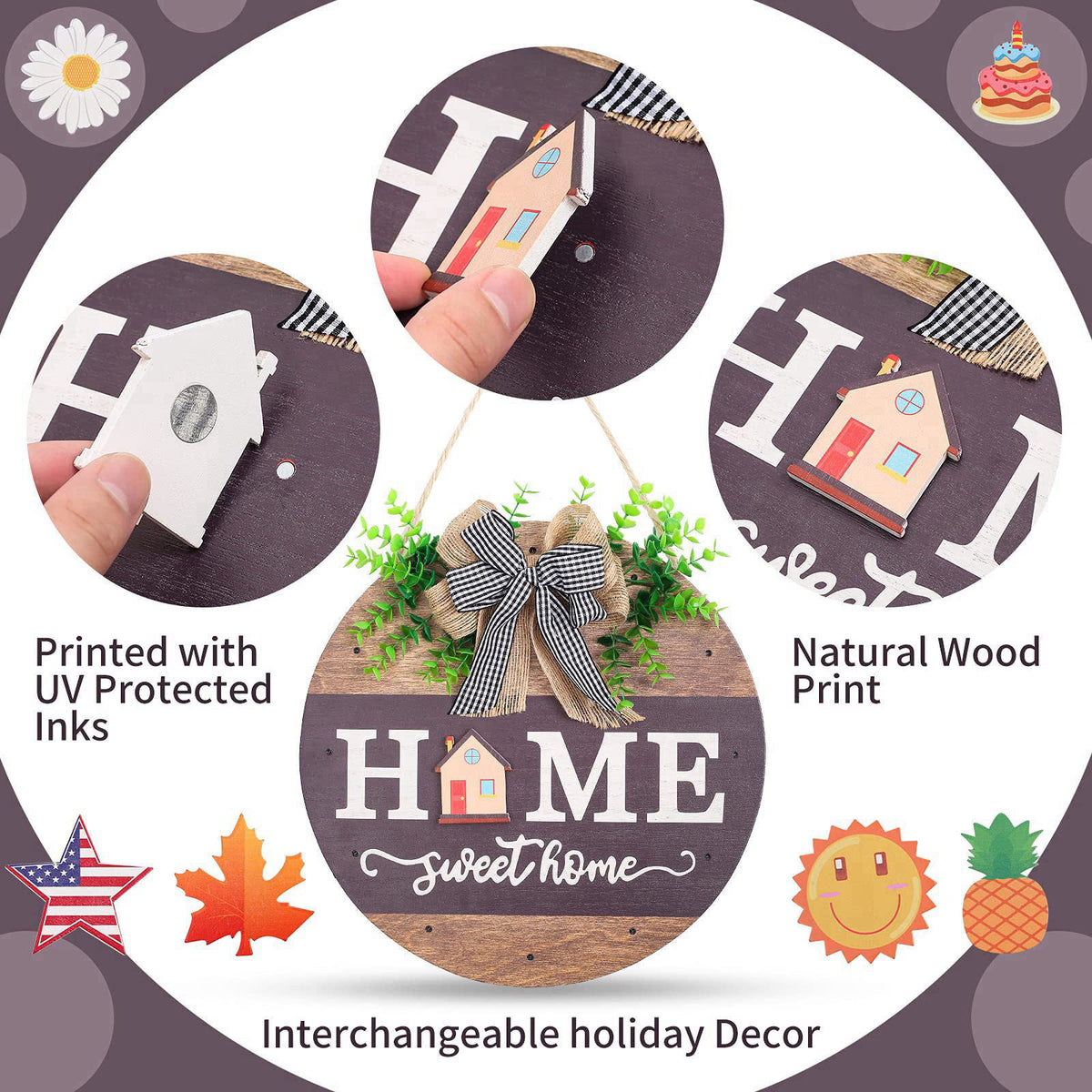 HOMCDALY Interchangeable Welcome Sign for Front Door with 14 Changeable Icons, Farmhouse Front Porch Decor Rustic Wooden