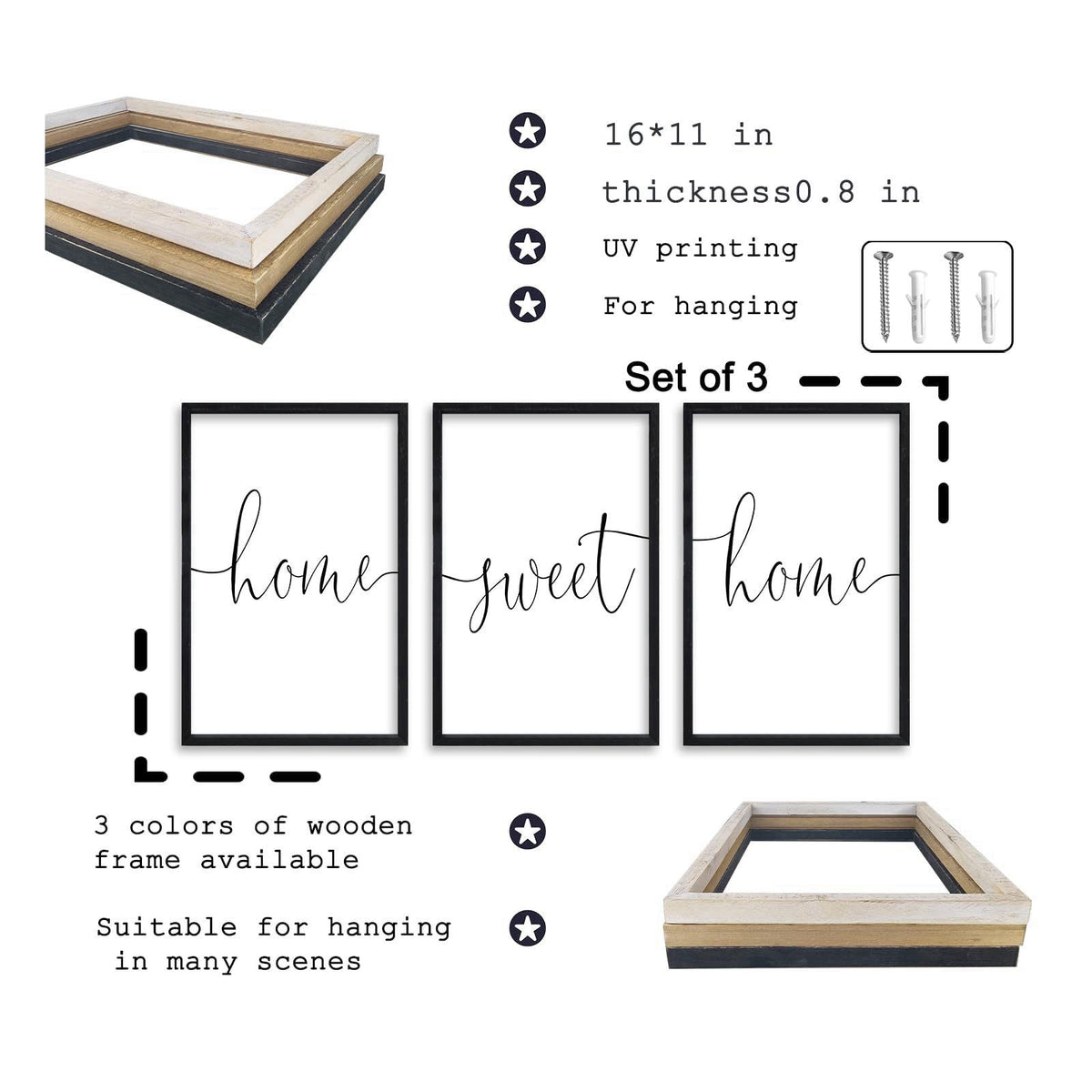 RLWangChao Home Sweet Home Sign Set of 3 Wall Art Decor 16"X11" Black – close-up detail
