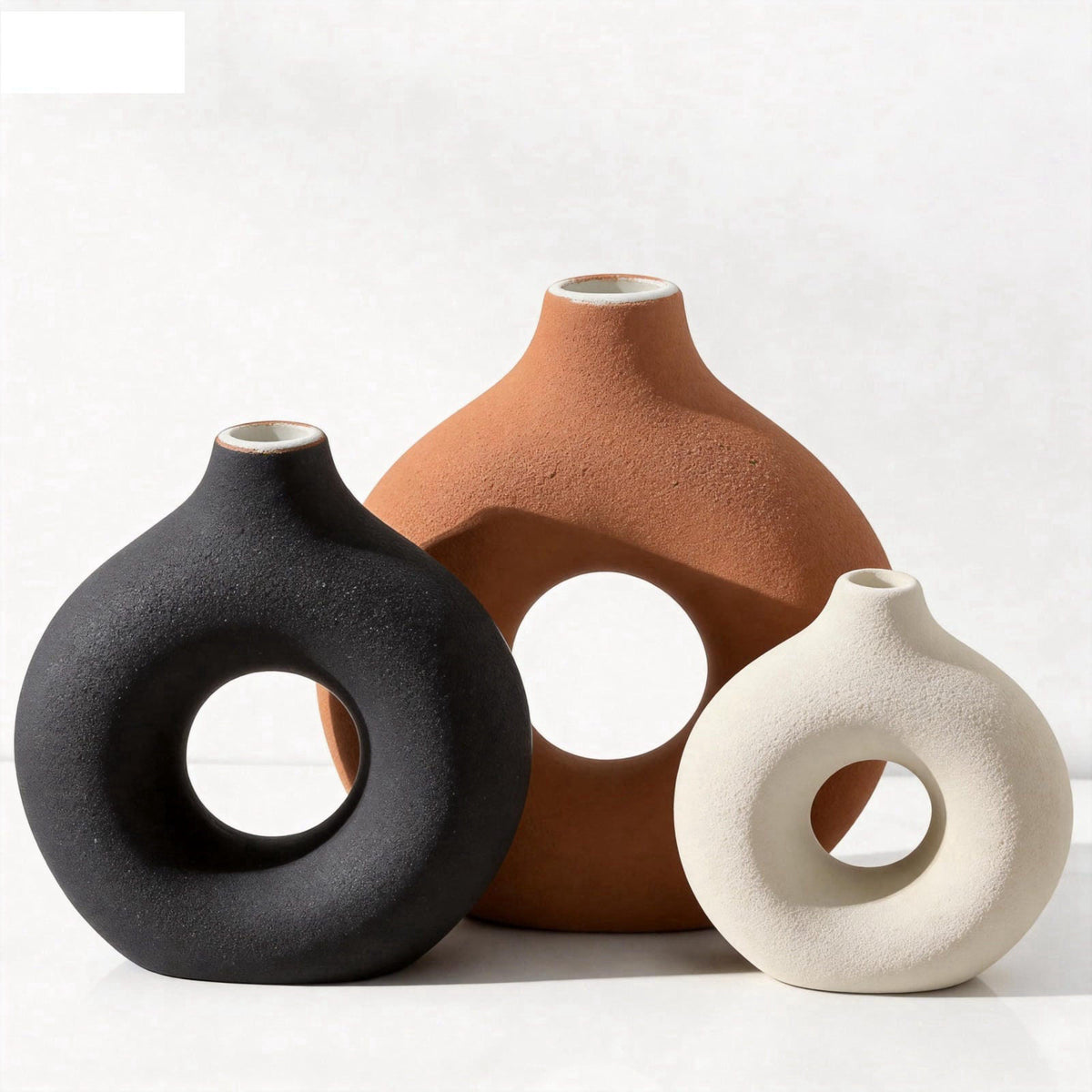 Querro Ceramic Vase Set of 3 - Modern Minimalist Matte Flower Vases for Home Decor, Donut-Shaped Table Centerpieces for 