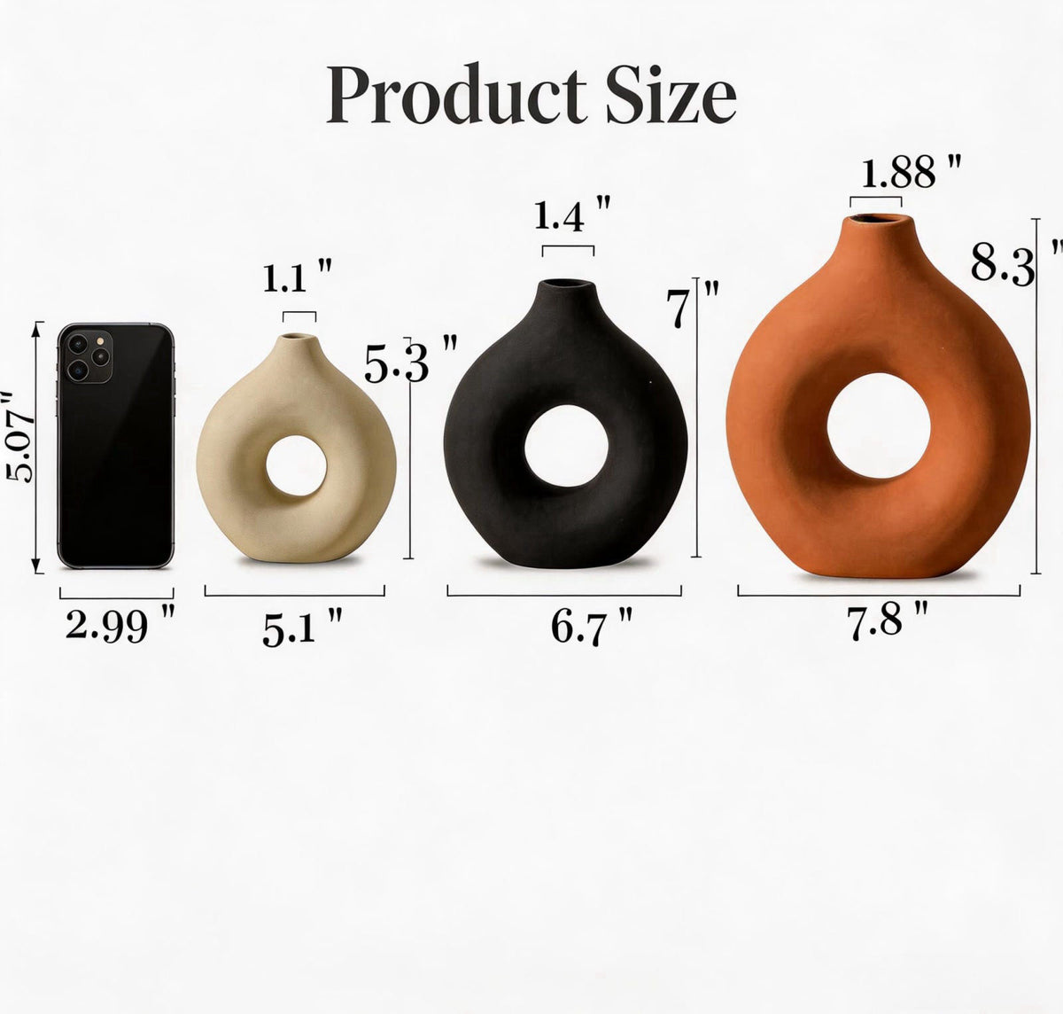 Querro Ceramic Vase Set of 3 - Modern Minimalist Matte Flower Vases for Home Decor, Donut-Shaped Table Centerpieces for 