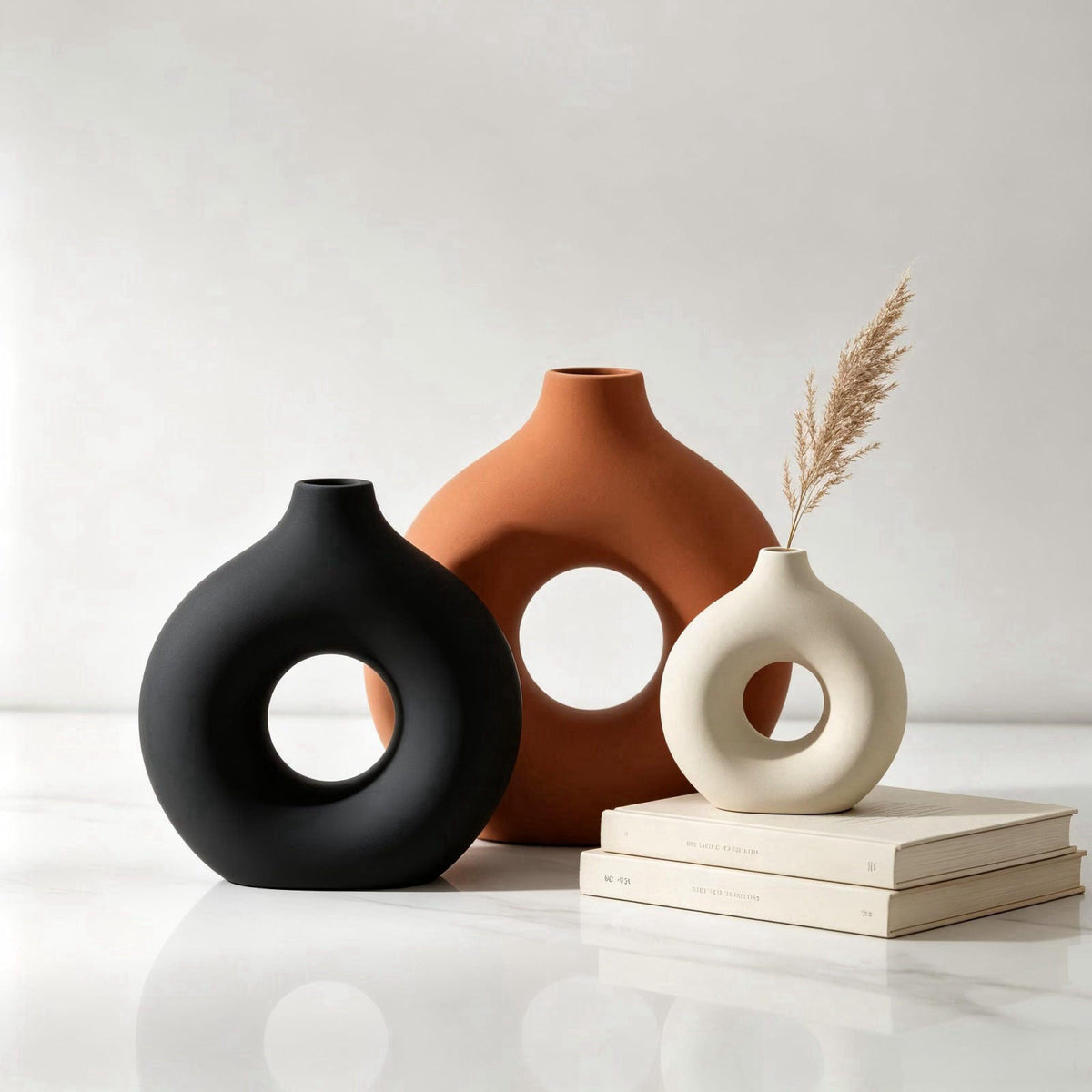 Querro Ceramic Vase Set of 3 - Modern Minimalist Matte Flower Vases for Home Decor, Donut-Shaped Table Centerpieces for 