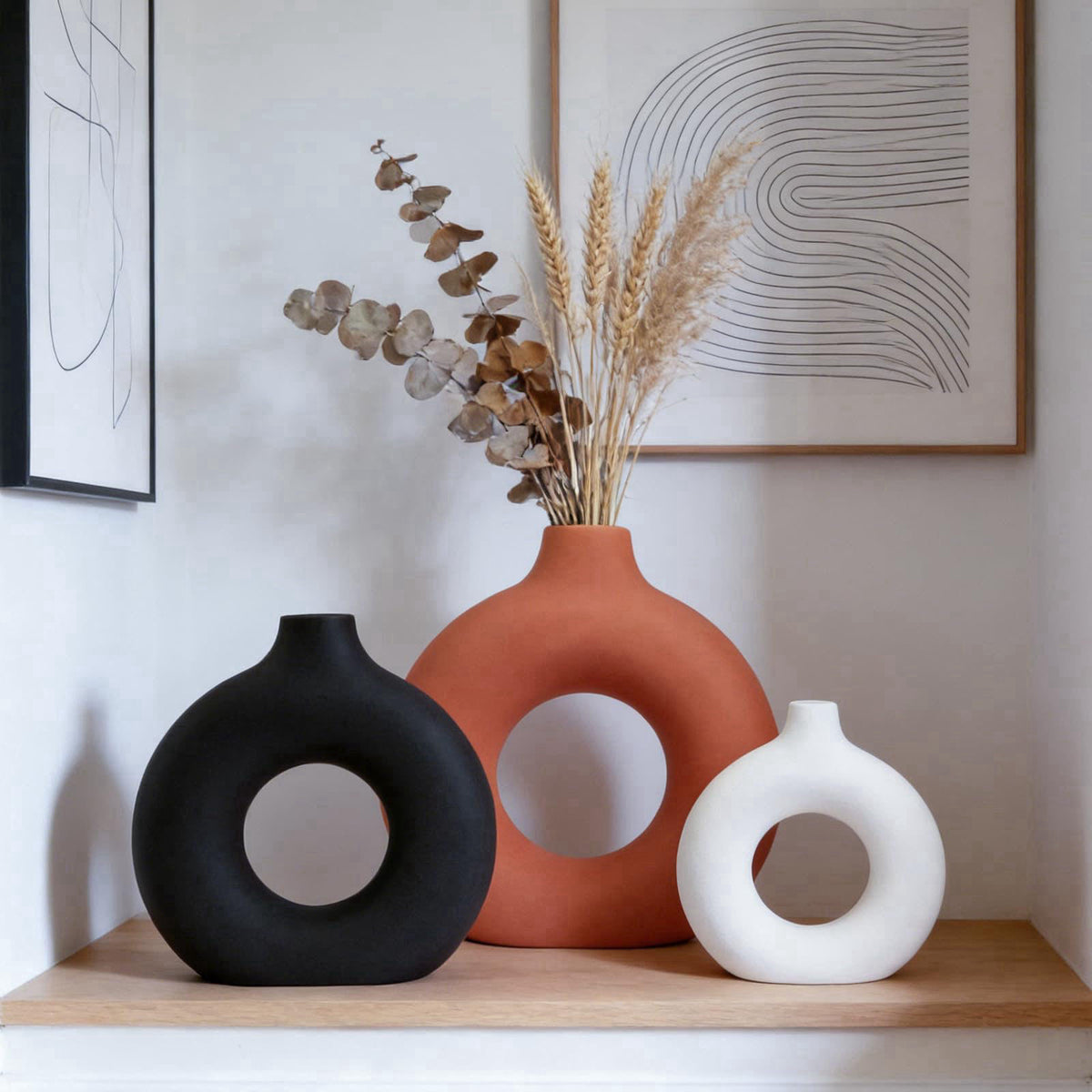Querro Ceramic Vase Set of 3 - Modern Minimalist Matte Flower Vases for Home Decor, Donut-Shaped Table Centerpieces for 