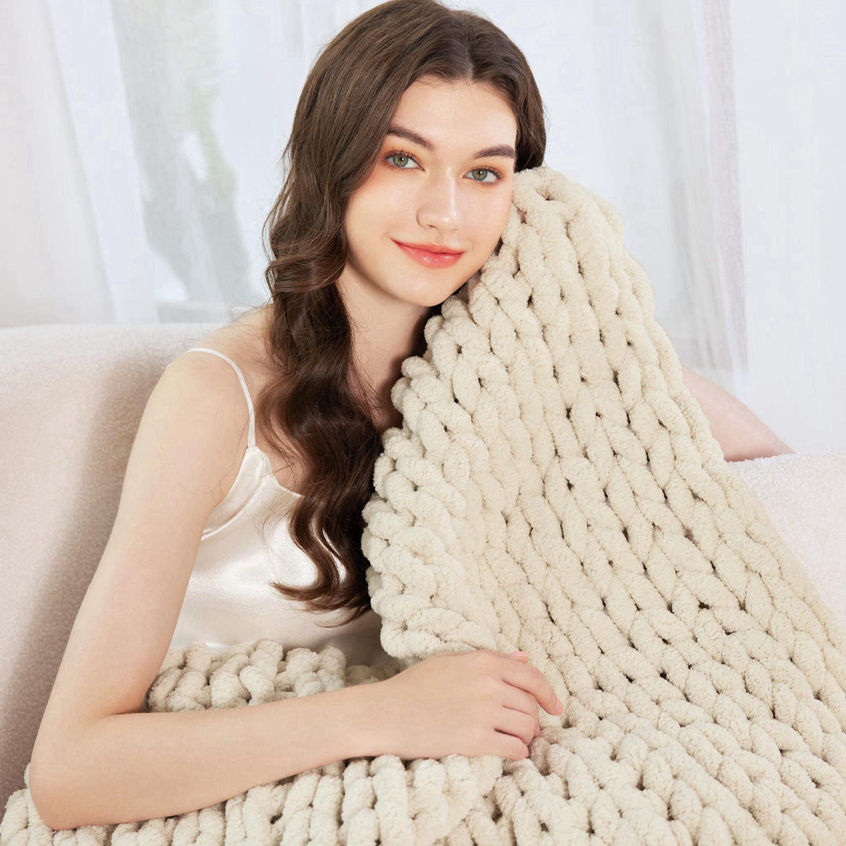 Admitrack Chunky Knit Blanket Throw for Couch, 51"x63" Chunky Yarn Knitted Blankets – full view