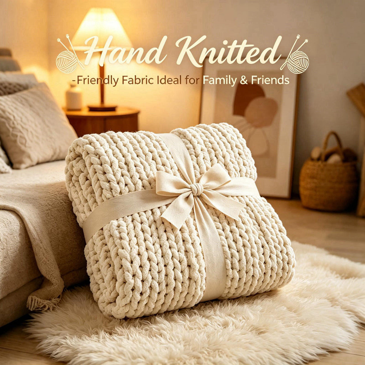 Admitrack Chunky Knit Blanket Throw for Couch, 51"x63" Chunky Yarn Knitted Blankets – back view and specificatio