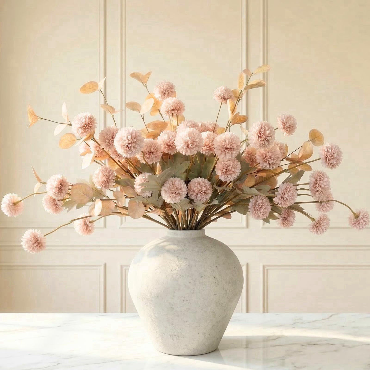 RyddeligHome Artificial Flowers for Vase - 12 Stems Beige Faux Silk Mums with Eucalyptus – close-up detail in Beige Blac