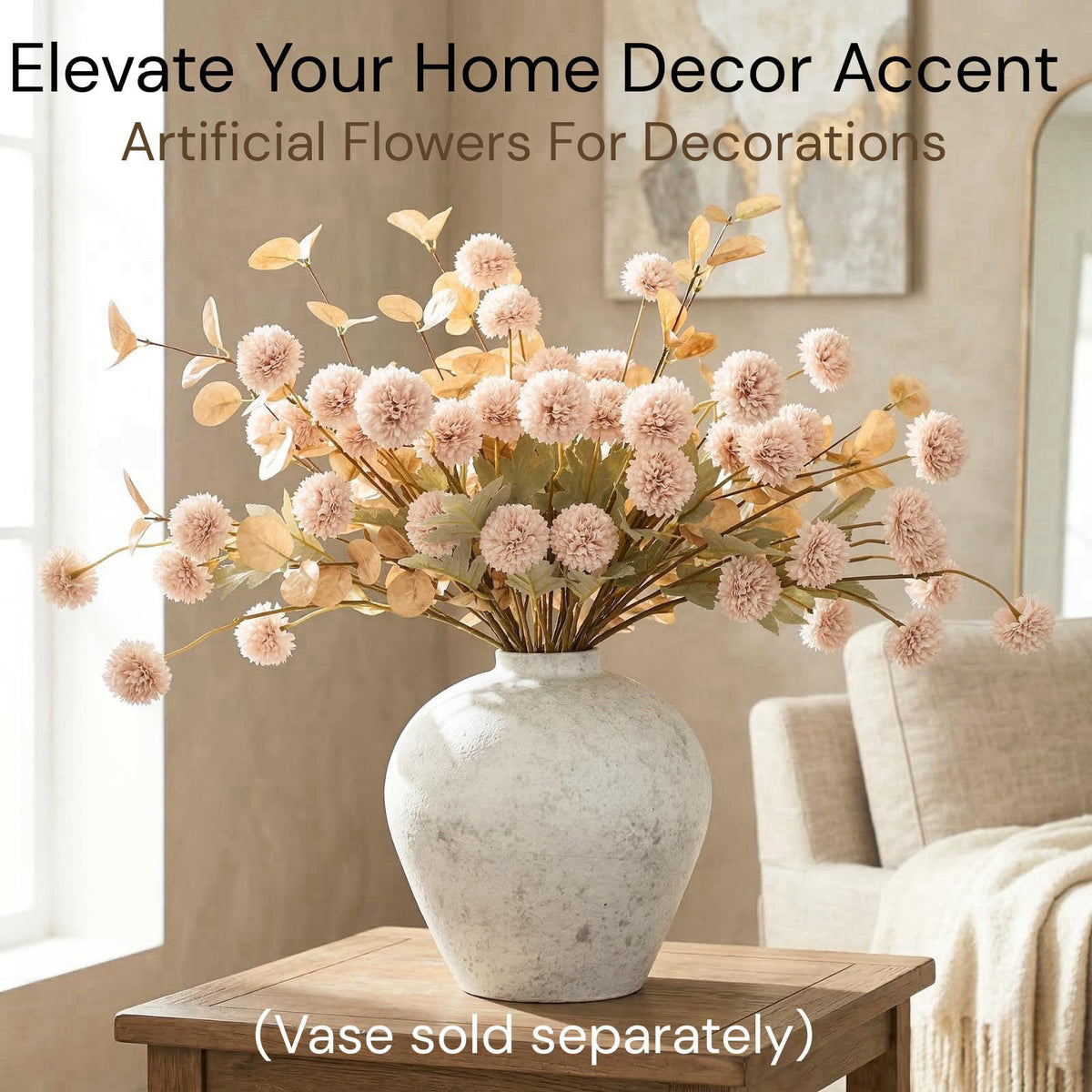 RyddeligHome Artificial Flowers for Vase - 12 Stems Beige Faux Silk Mums with Eucalyptus – packaging and label