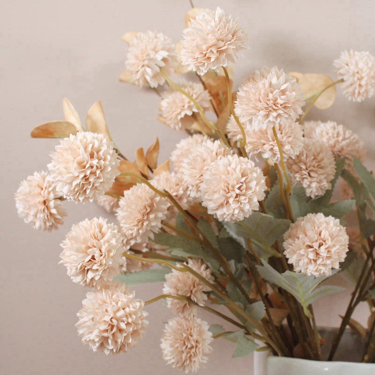 RyddeligHome Artificial Flowers for Vase - 12 Stems Beige Faux Silk Mums with Eucalyptus – back view and specifications