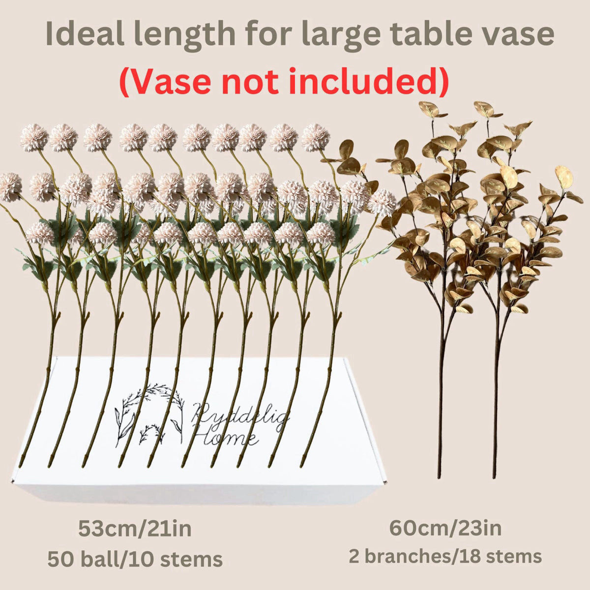 RyddeligHome Artificial Flowers for Vase - 12 Stems Beige Faux Silk Mums with Eucalyptus – alternate angle