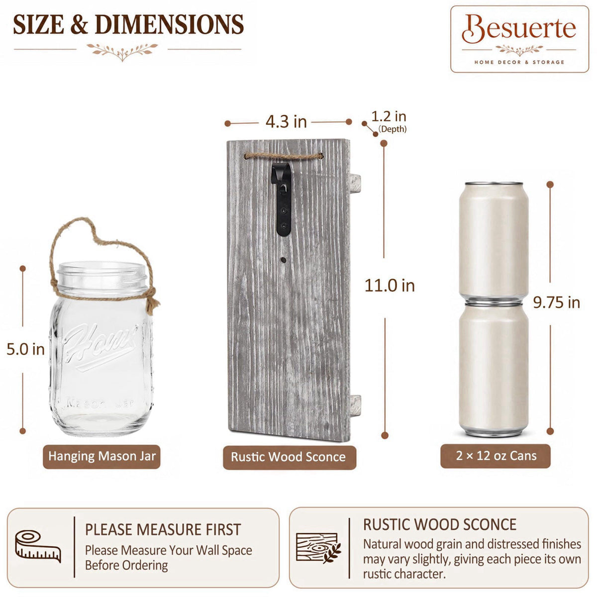 Besuerte Rustic Mason Jar Sconces Wall Decor, Grey, Set of 2 – packaging and label