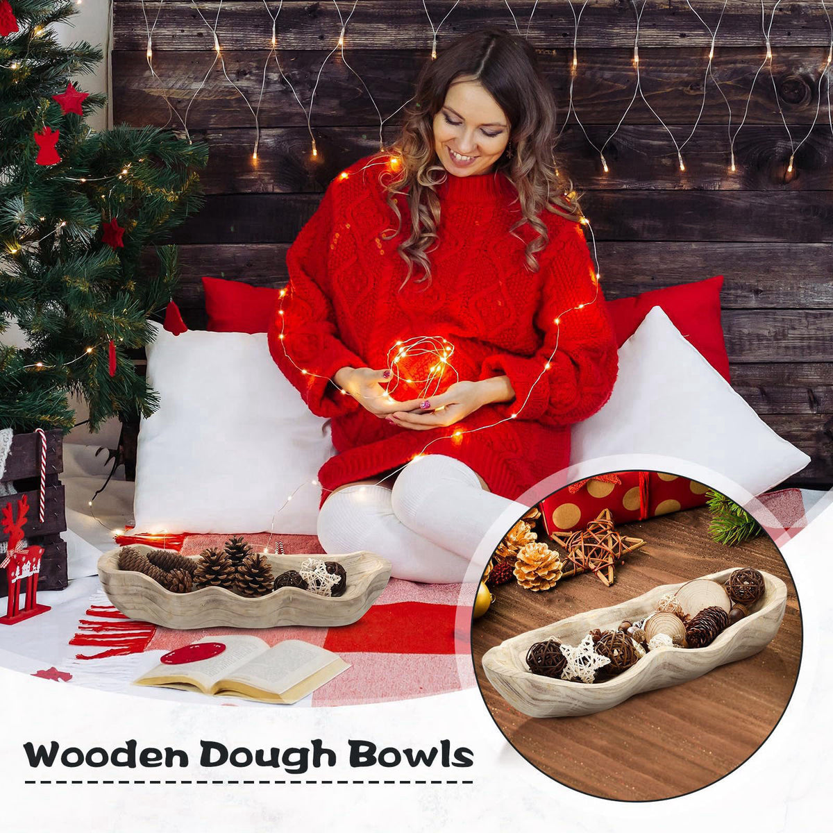 Nuogo 16 Inch Wooden Wavy Edge Dough Bowl Supplies, Light Wood Color – back view and specifications