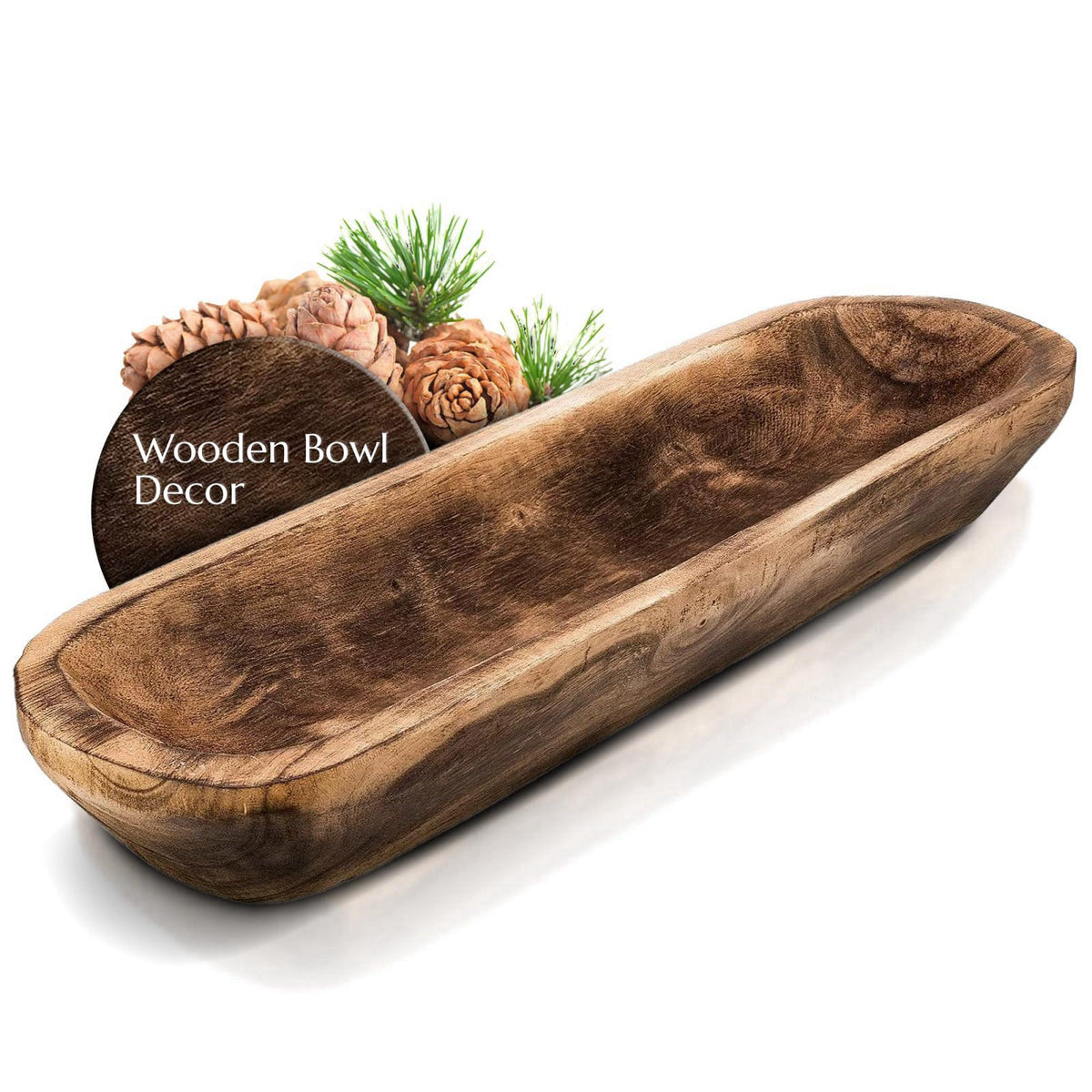 FANDOS Wooden Dough Bowl for Decor - 17¾ in Long Hand Carved Paulownia, Large Rustic Decorative Bowl for Home Table Cent
