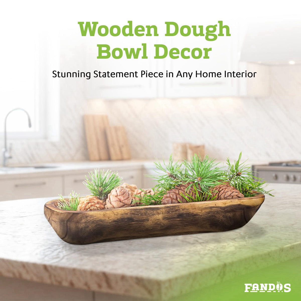 FANDOS Wooden Dough Bowl for Decor - 17¾ in Long Hand Carved Paulownia, Large Rustic Decorative Bowl for Home Table Cent