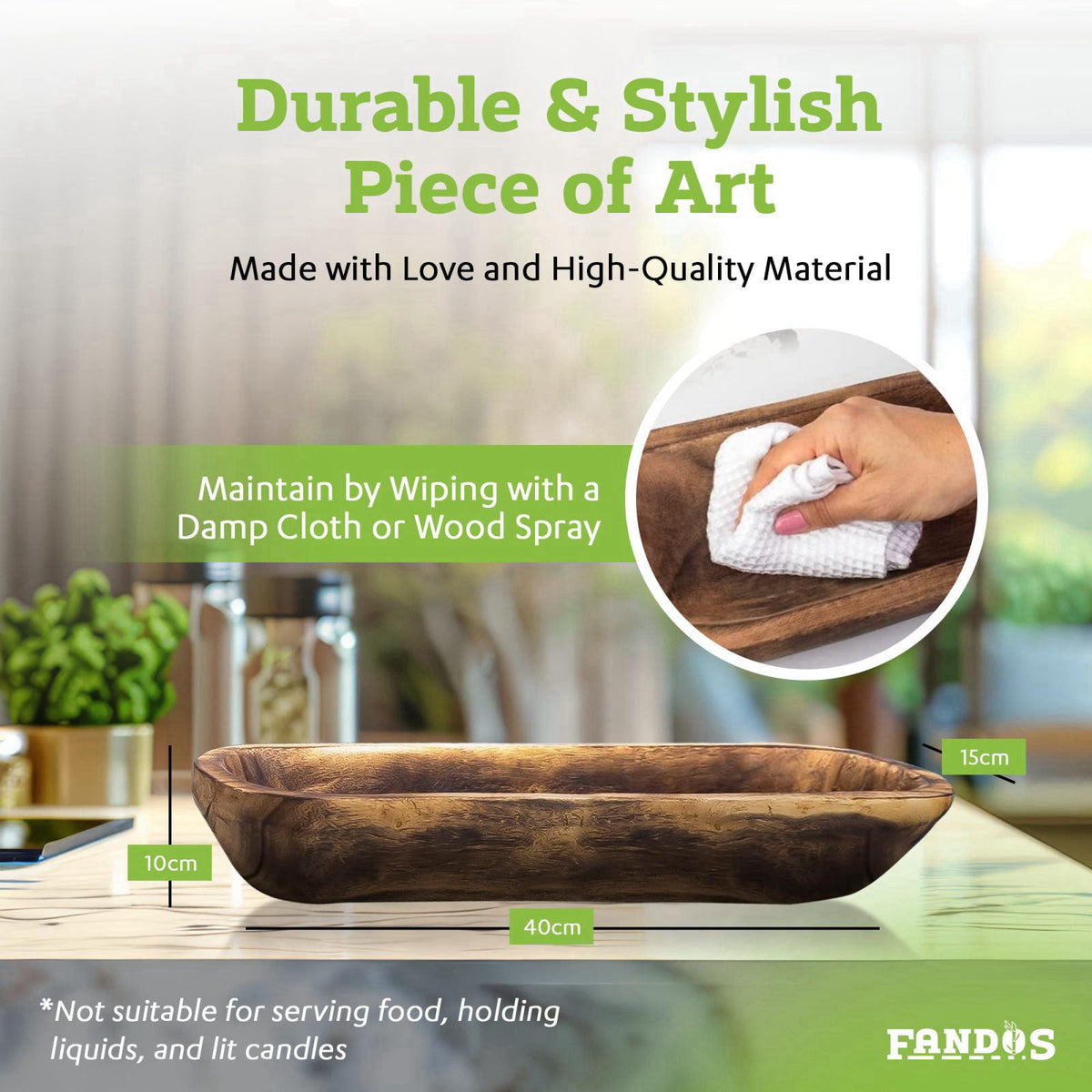 FANDOS Wooden Dough Bowl for Decor - 17¾ in Long Hand Carved Paulownia, Large Rustic Decorative Bowl for Home Table Cent