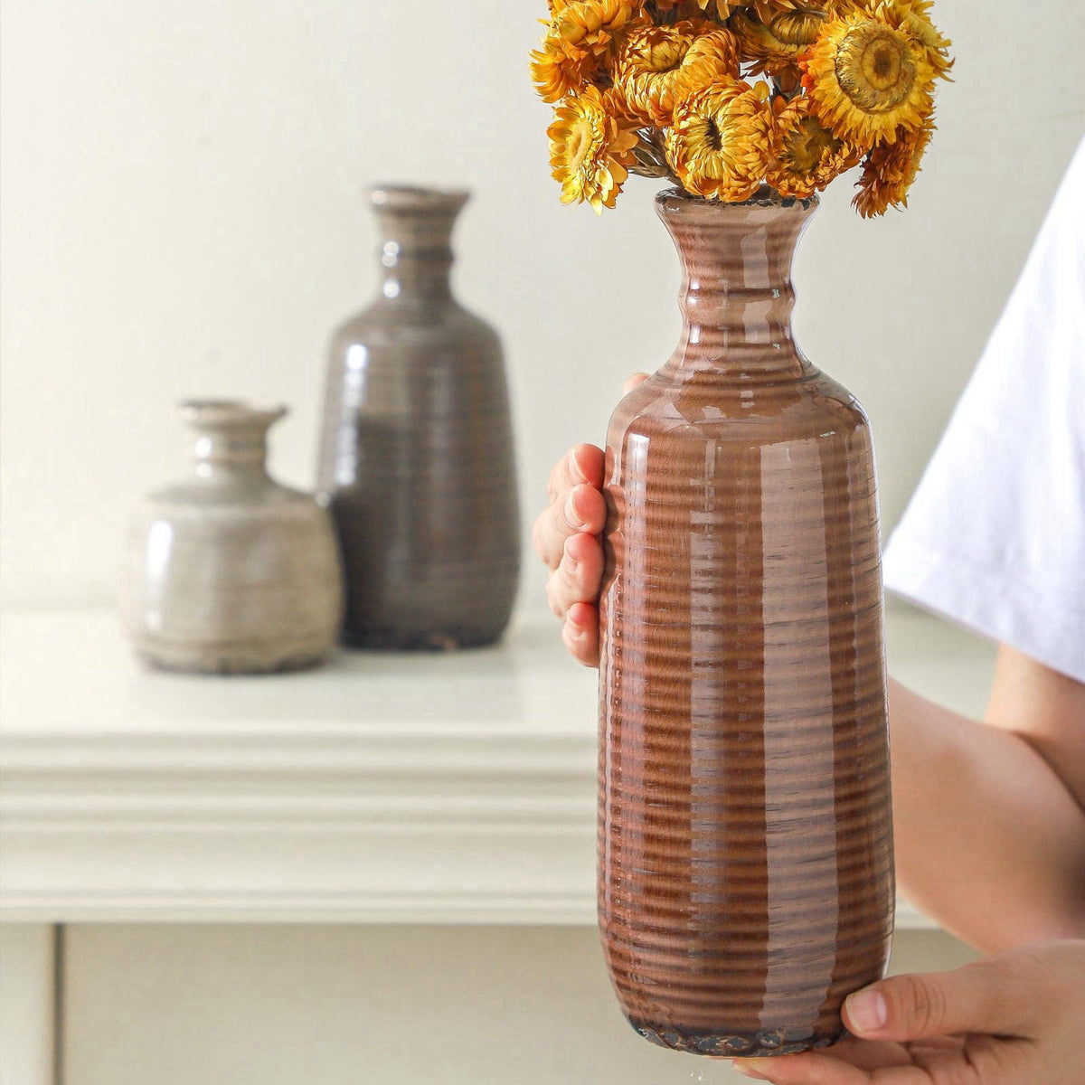 ooit Ceramic Vases Set of 3, Neutral Rustic Farmhouse Vases Home Decor Decorative Flower Vase Modern Boho Pampass Vase f