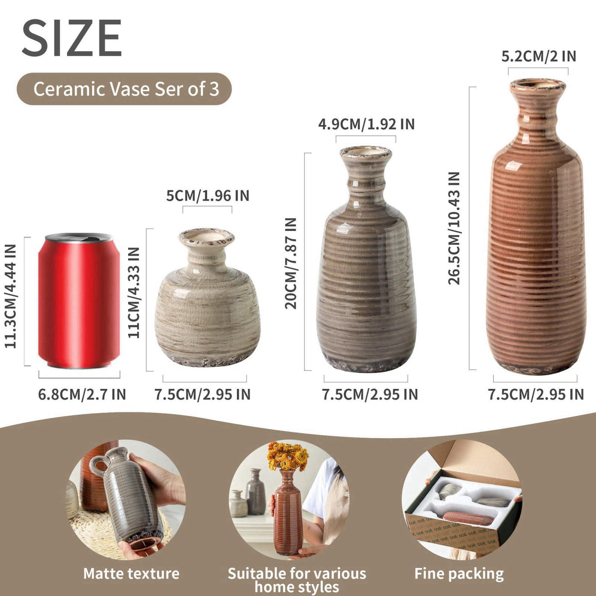 ooit Ceramic Vases Set of 3, Neutral Rustic Farmhouse Vases Home Decor Decorative Flower Vase Modern Boho Pampass Vase f