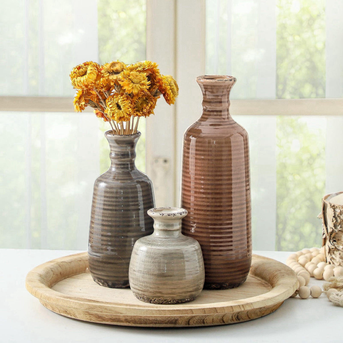 ooit Ceramic Vases Set of 3, Neutral Rustic Farmhouse Vases Home Decor Decorative Flower Vase Modern Boho Pampass Vase f