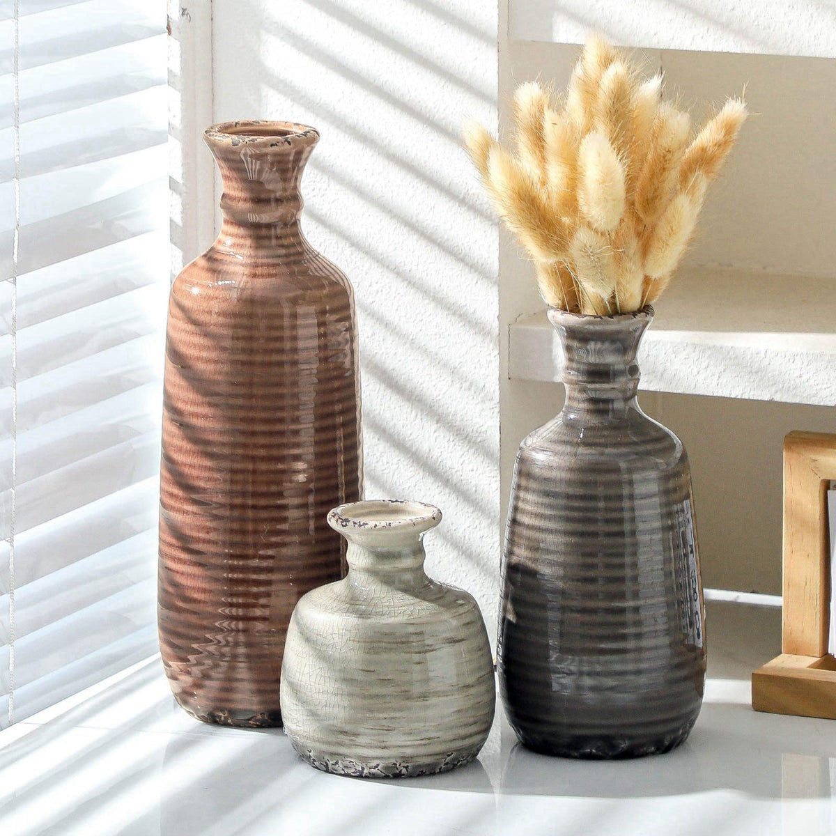 ooit Ceramic Vases Set of 3, Neutral Rustic Farmhouse Vases Home Decor Decorative Flower Vase Modern Boho Pampass Vase f