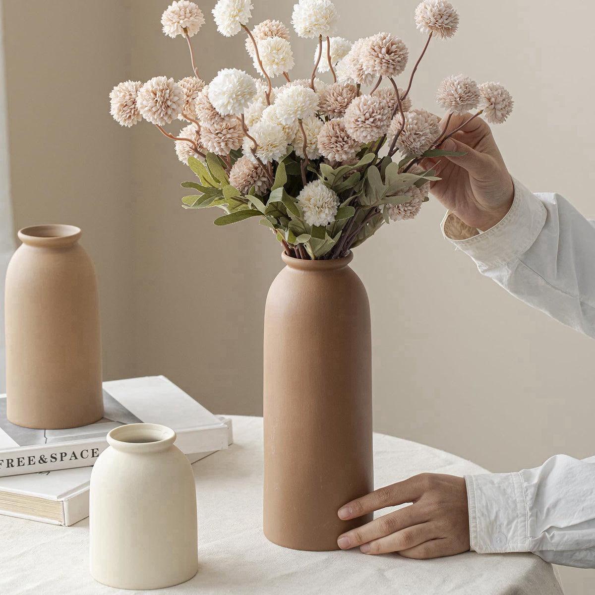 TINCTOTNIC Large Decorative Ceramic Vase Set, 3 Pieces, Nordic Modern Boho Style, Earthtone Color Mix, Modern Farmhouse 