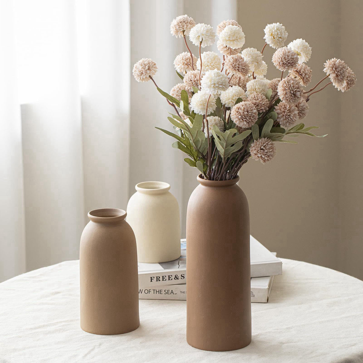 TINCTOTNIC Large Decorative Ceramic Vase Set, 3 Pieces, Nordic Modern Boho Style, Earthtone Color Mix, Modern Farmhouse 