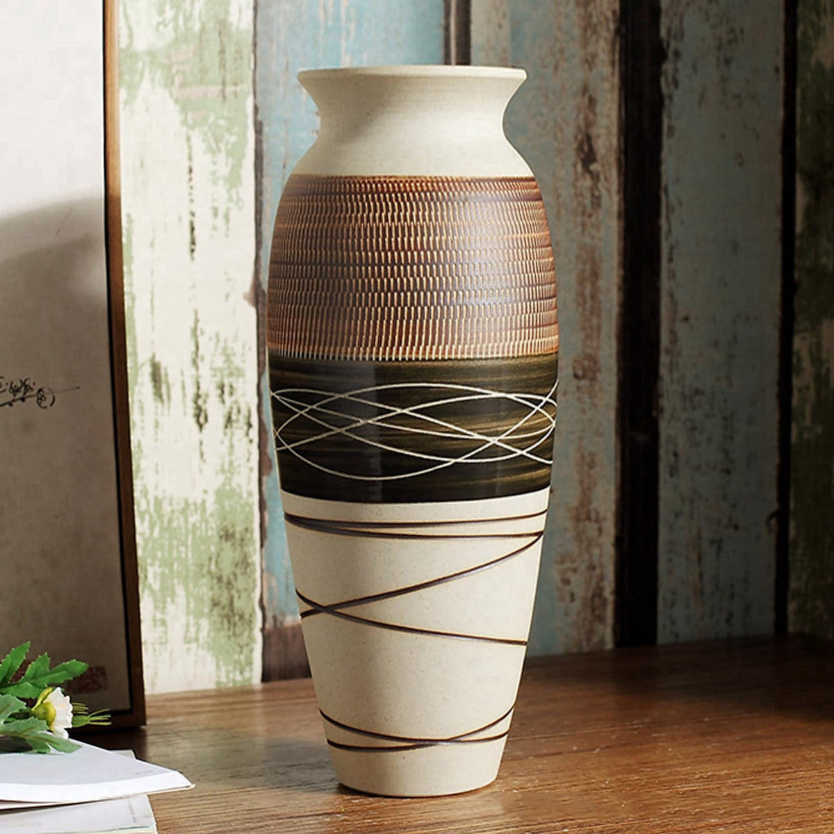 HUBUISH 12.6" Tall Vintage Ceramic Rustic Farmhouse Vase (Half Skipcut Brown) – product photo (Vases)