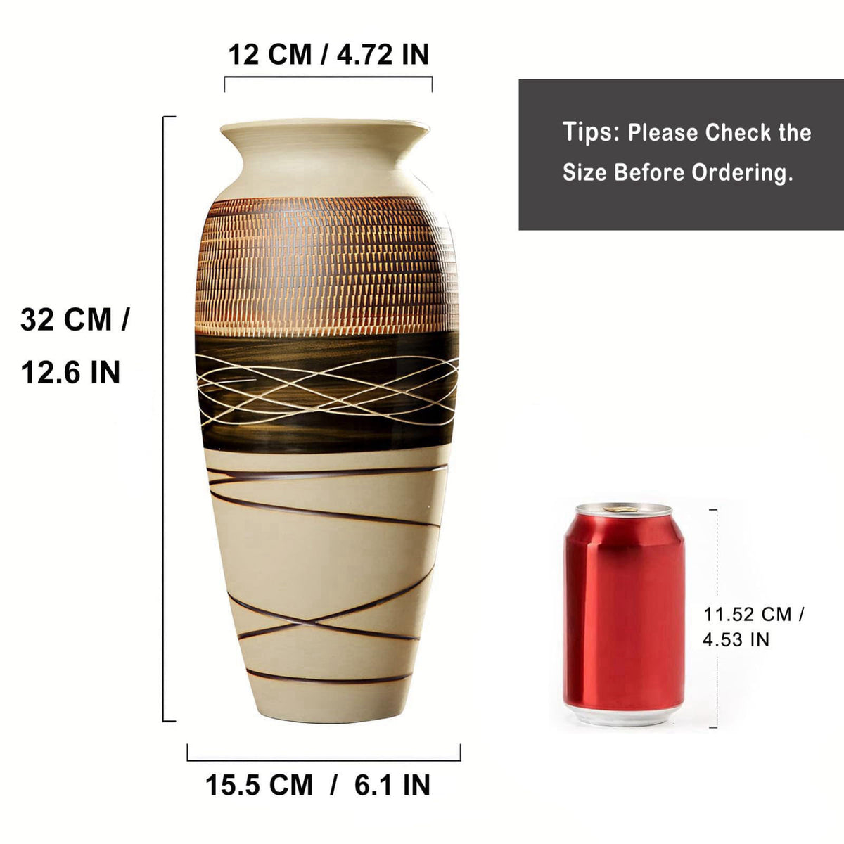 HUBUISH 12.6" Tall Vintage Ceramic Rustic Farmhouse Vase (Half Skipcut Brown) – close-up detail