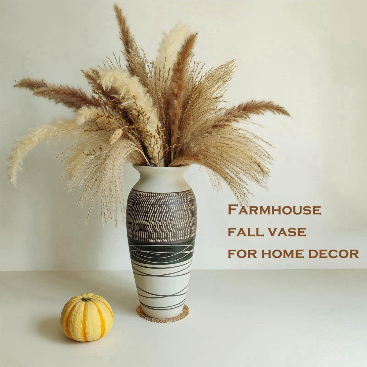 HUBUISH 12.6" Tall Vintage Ceramic Rustic Farmhouse Vase (Half Skipcut Brown) – packaging and label