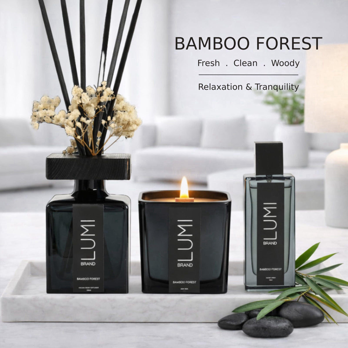 Lumi Brand Luxury Aroma Gift Set | Bamboo Forest Scent - Reed Diffuser (200ml), Wood Wick Soy Candle (200g), Room Spray(