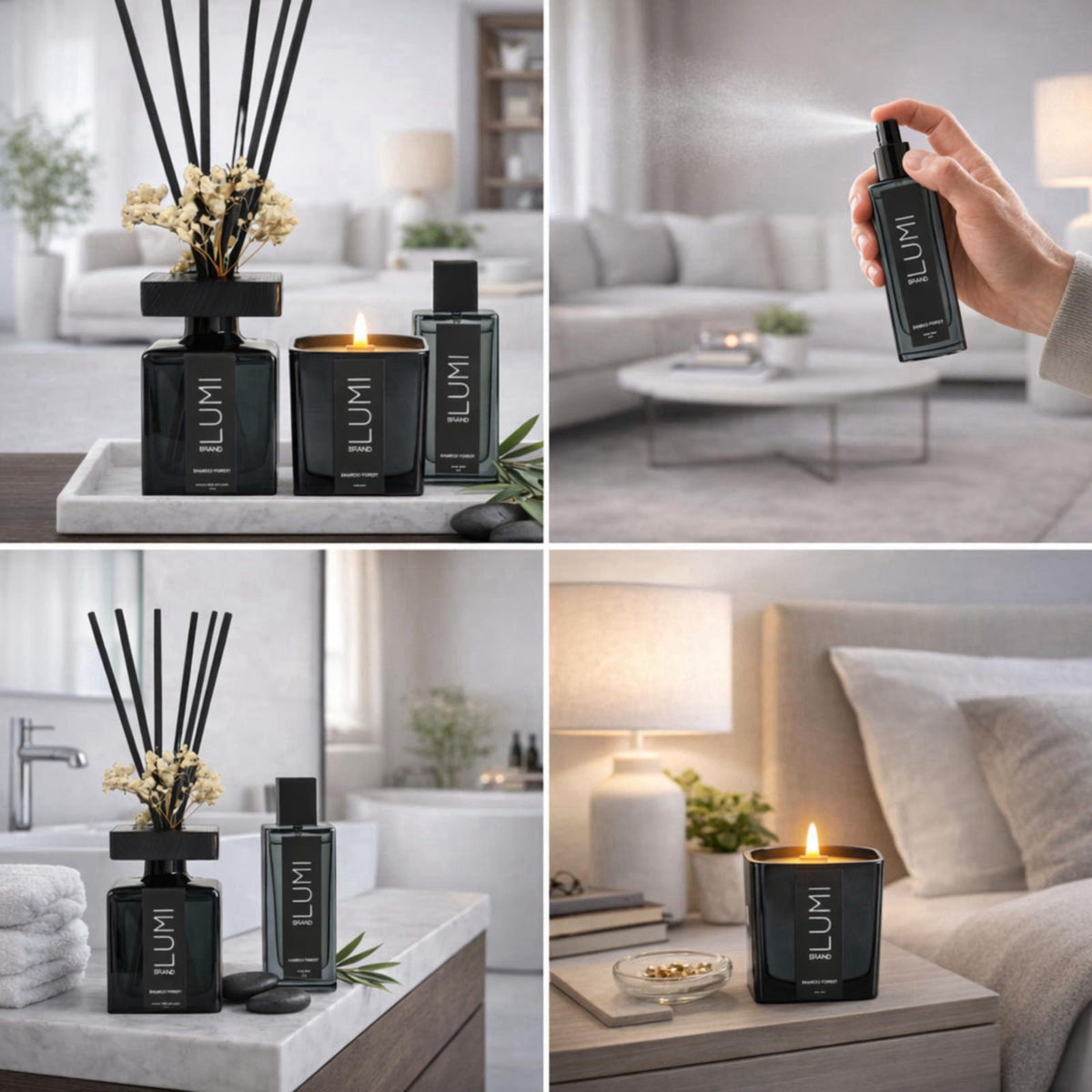 Lumi Brand Luxury Aroma Gift Set | Bamboo Forest Scent - Reed Diffuser (200ml), Wood Wick Soy Candle (200g), Room Spray(