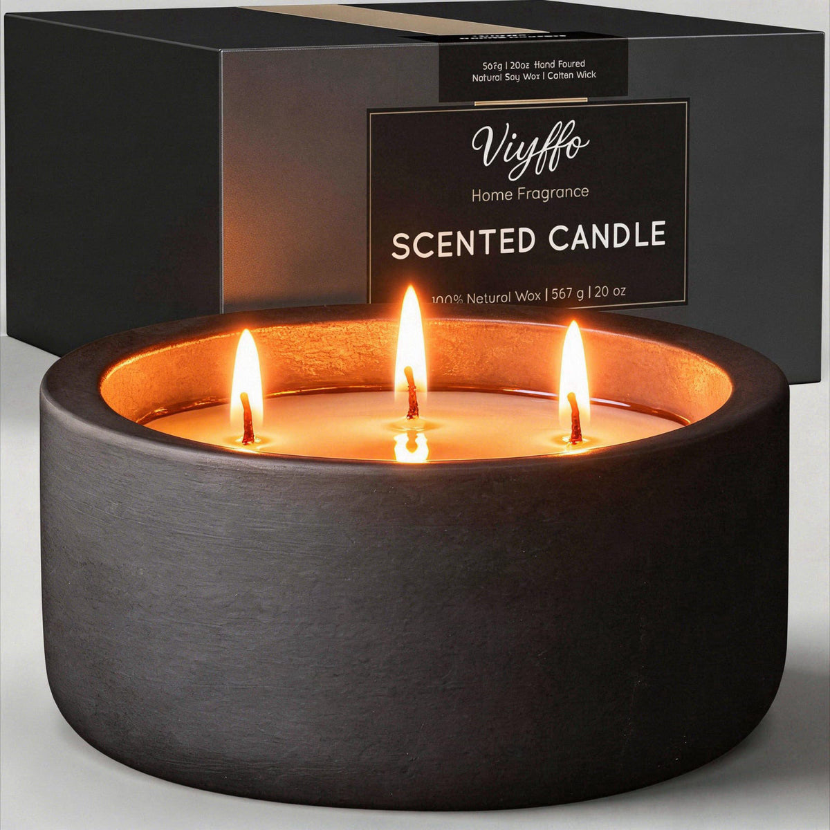 Viyffo 20oz Large Decorative Black Candle – Eucalyptus & Rosemary, 3 Wick Fall Scented Soy Candle for Women & Men, Matte