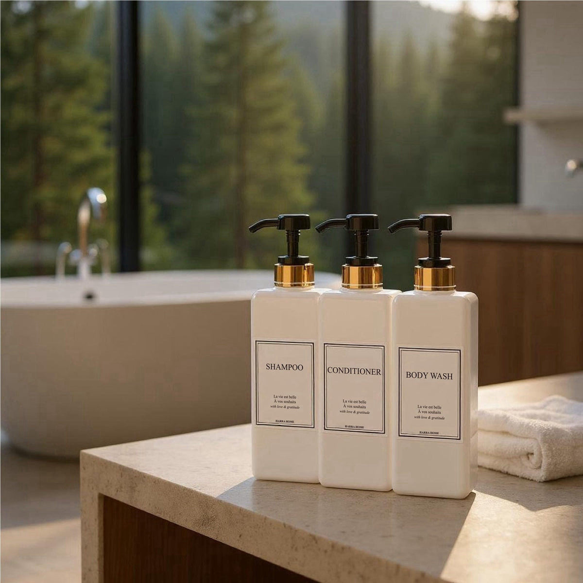 HARRA HOME Modern Design Shampoo and Conditioner Dispenser with Gold Accents, Set of 3 – close-up detail
