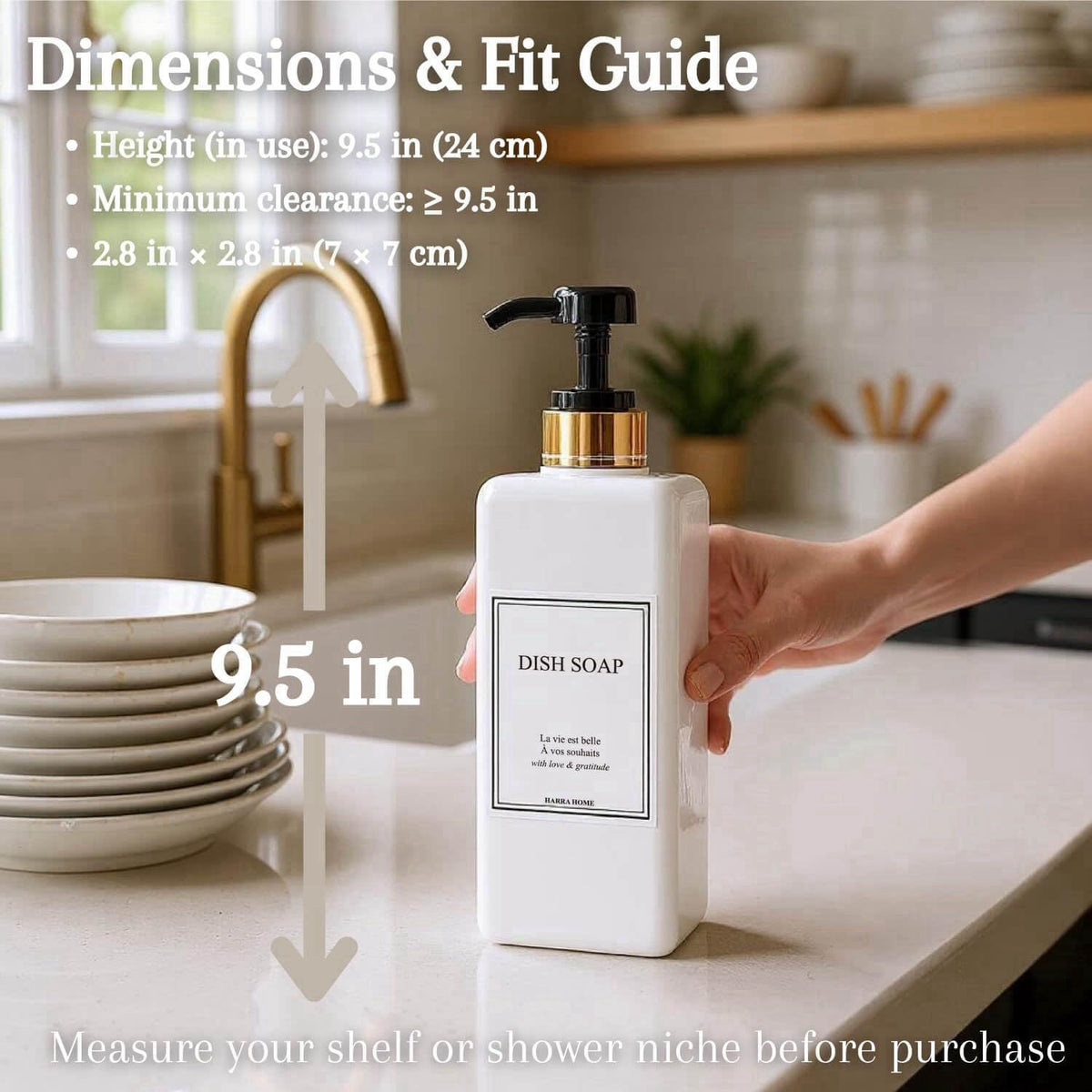 HARRA HOME Modern Design Shampoo and Conditioner Dispenser with Gold Accents, Set of 3 – packaging and label
