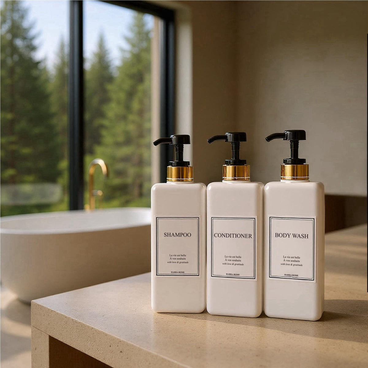 HARRA HOME Modern Design Shampoo and Conditioner Dispenser with Gold Accents, Set of 3 – full view