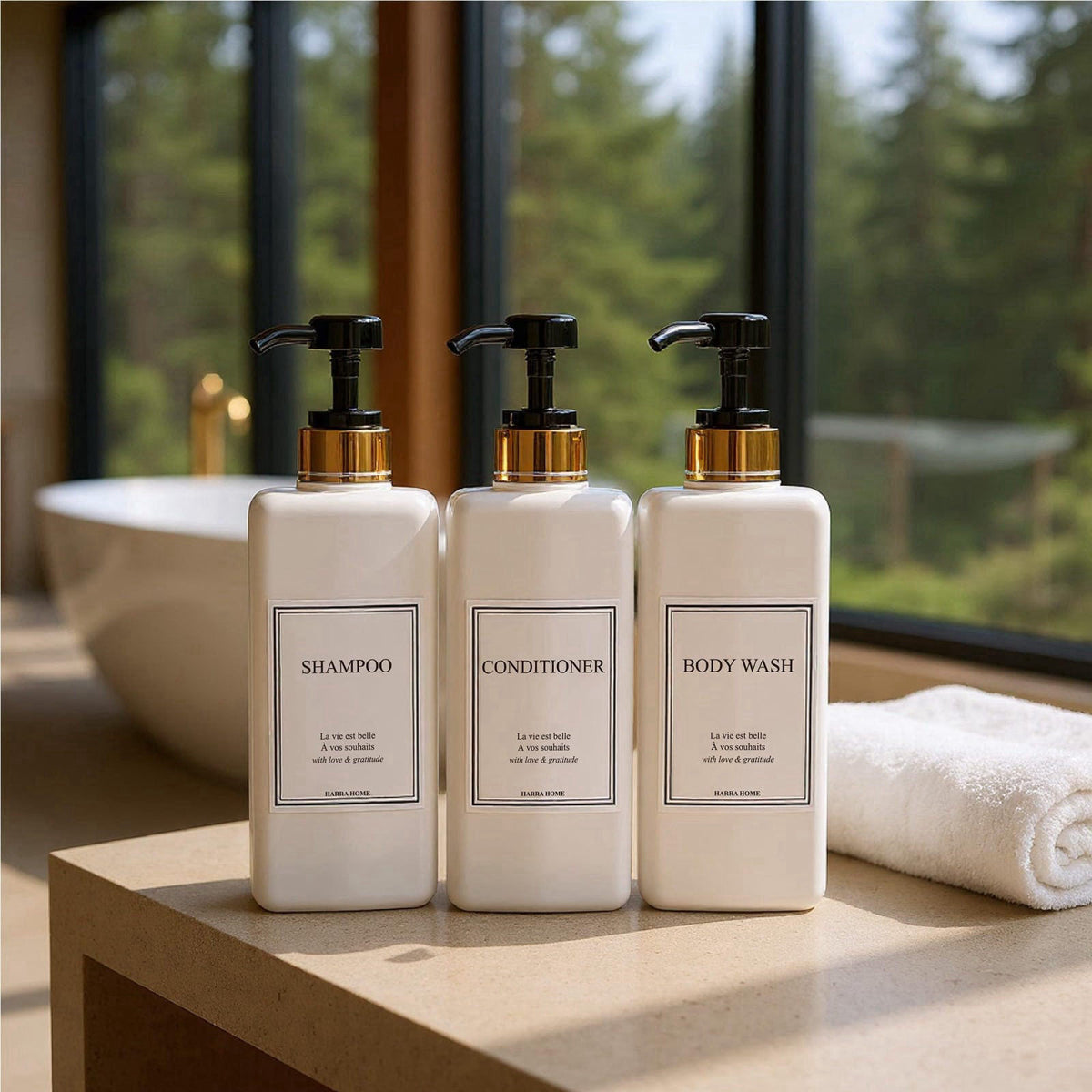 HARRA HOME Modern Design Shampoo and Conditioner Dispenser with Gold Accents, Set of 3 – back view and specifications