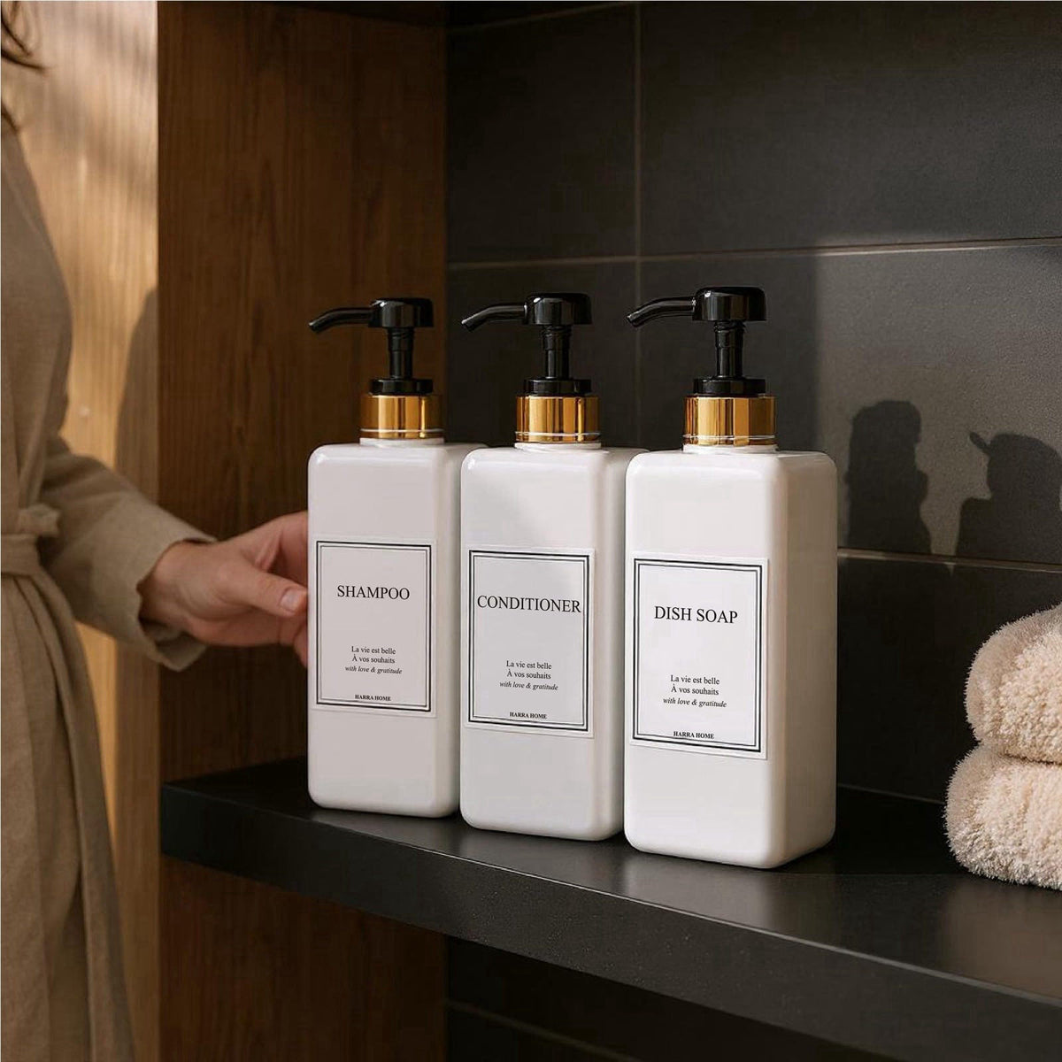 HARRA HOME Modern Design Shampoo and Conditioner Dispenser with Gold Accents, Set of 3 – alternate angle