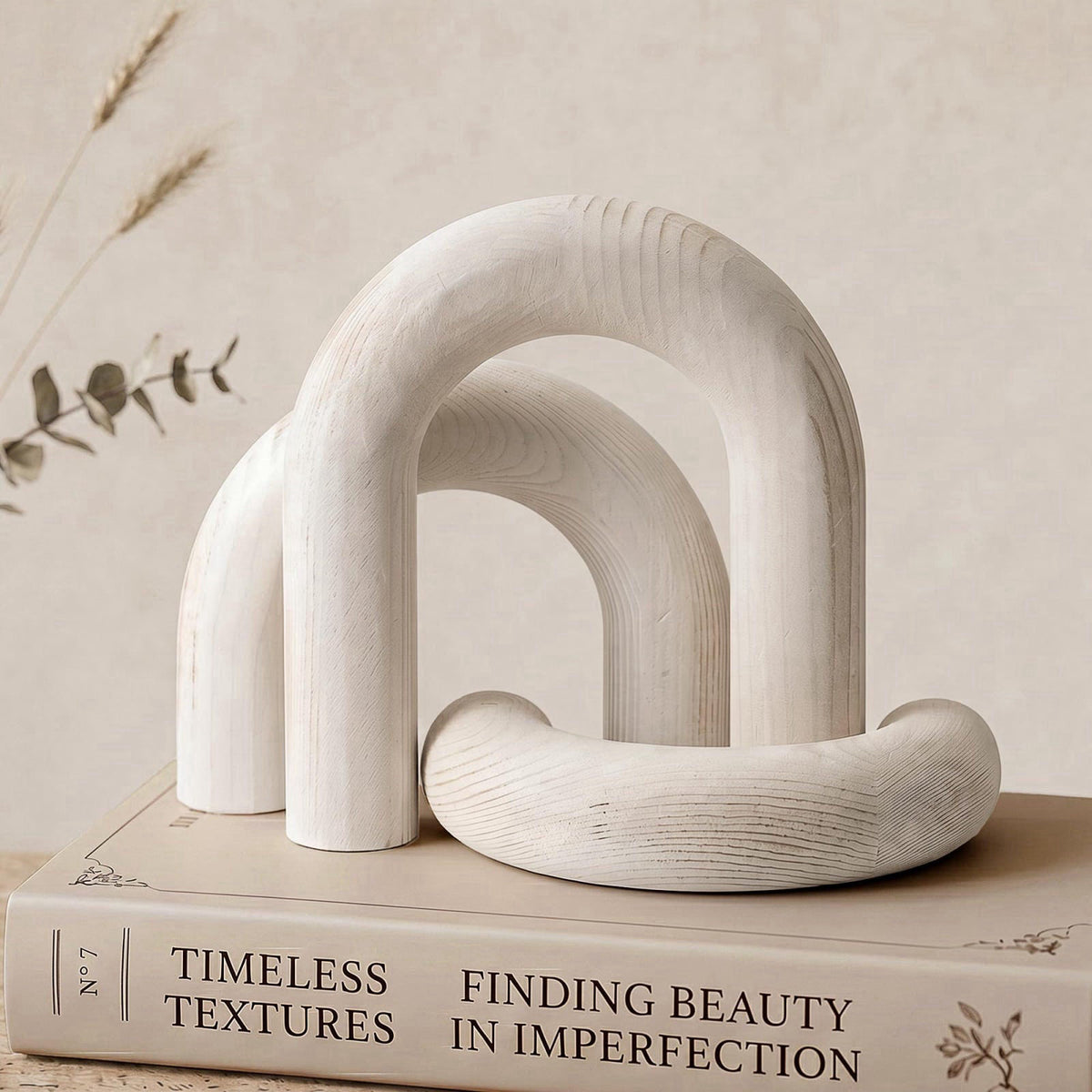 EOSAHR Pine Wood Arch Decor: Wood Sculpture for Bookshelf Decor, Whitewash – product photo (Decorative Stones)