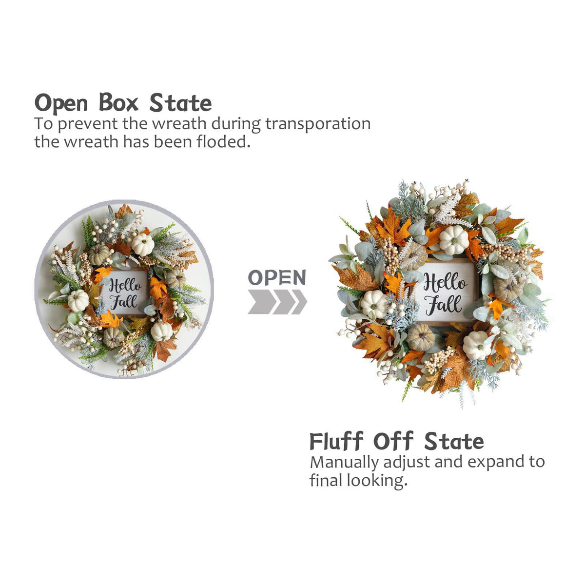 CIR OASES 20" Harvest Fall Wreath for Front Door,Pumpkins Berries Autumn Wreaths – back view and specifications