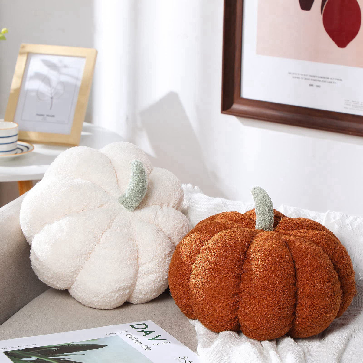 Kajaia 2 Pcs 3D Pumpkin Pillow Fall Decor Halloween Cushions, White, Brown – product photo (Throw Pillows)